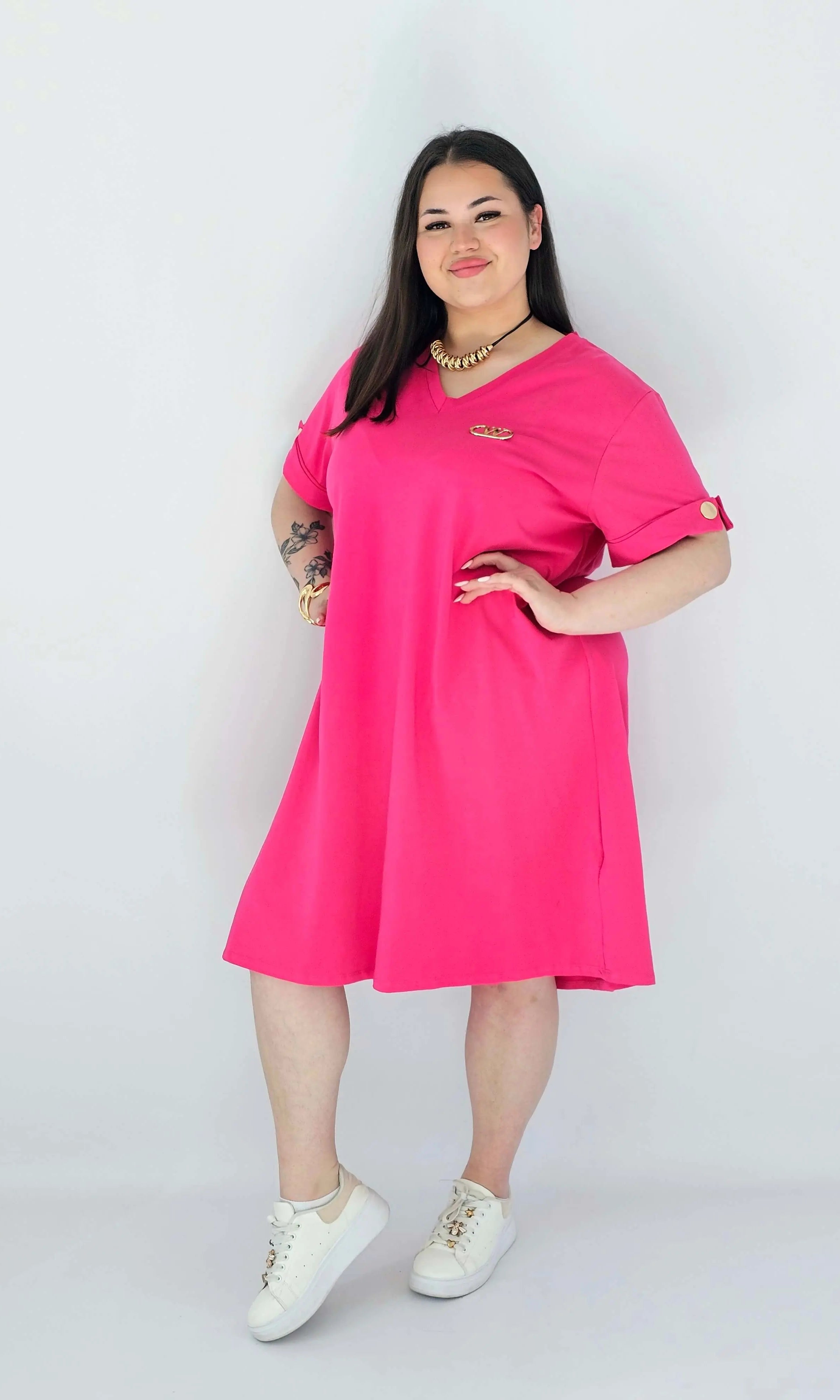 Sukienka Plus Size Luźna Z Dekoltem V I Ozdobnym Detalem Stylowa XL