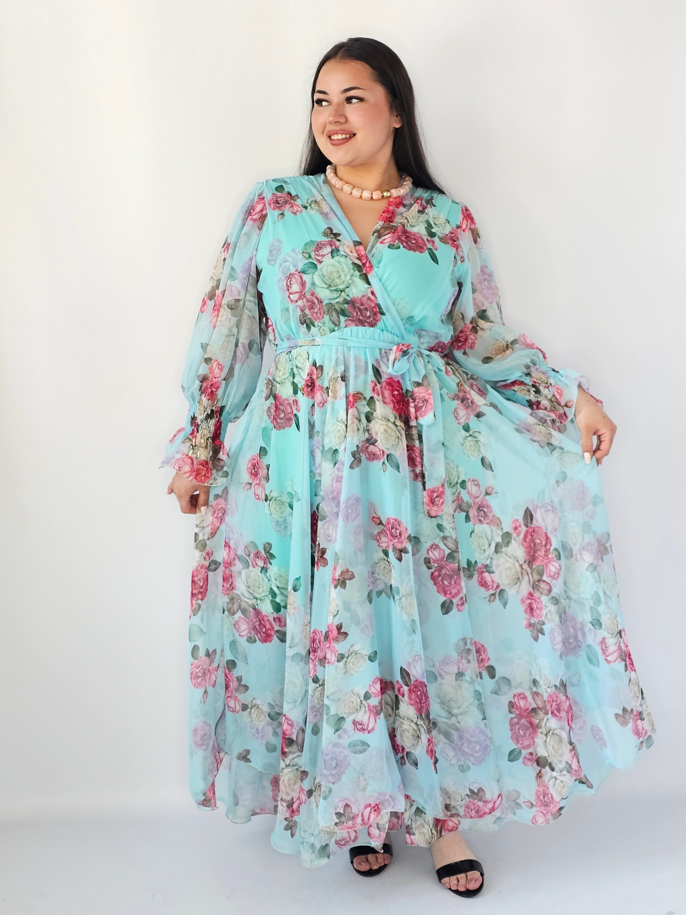 Sukienka Plus Size Maxi Kwiatowa Zwiewna Elegancja Stylowa XL