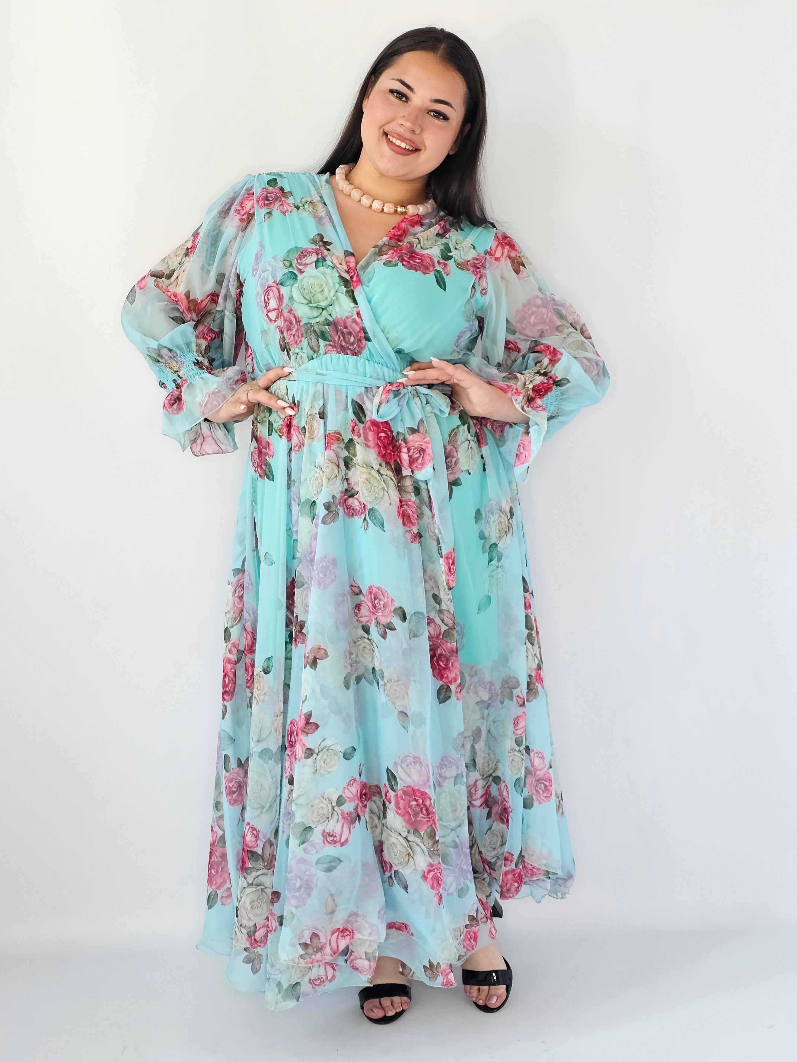 Sukienka Plus Size Maxi Kwiatowa Zwiewna Elegancja Stylowa XL