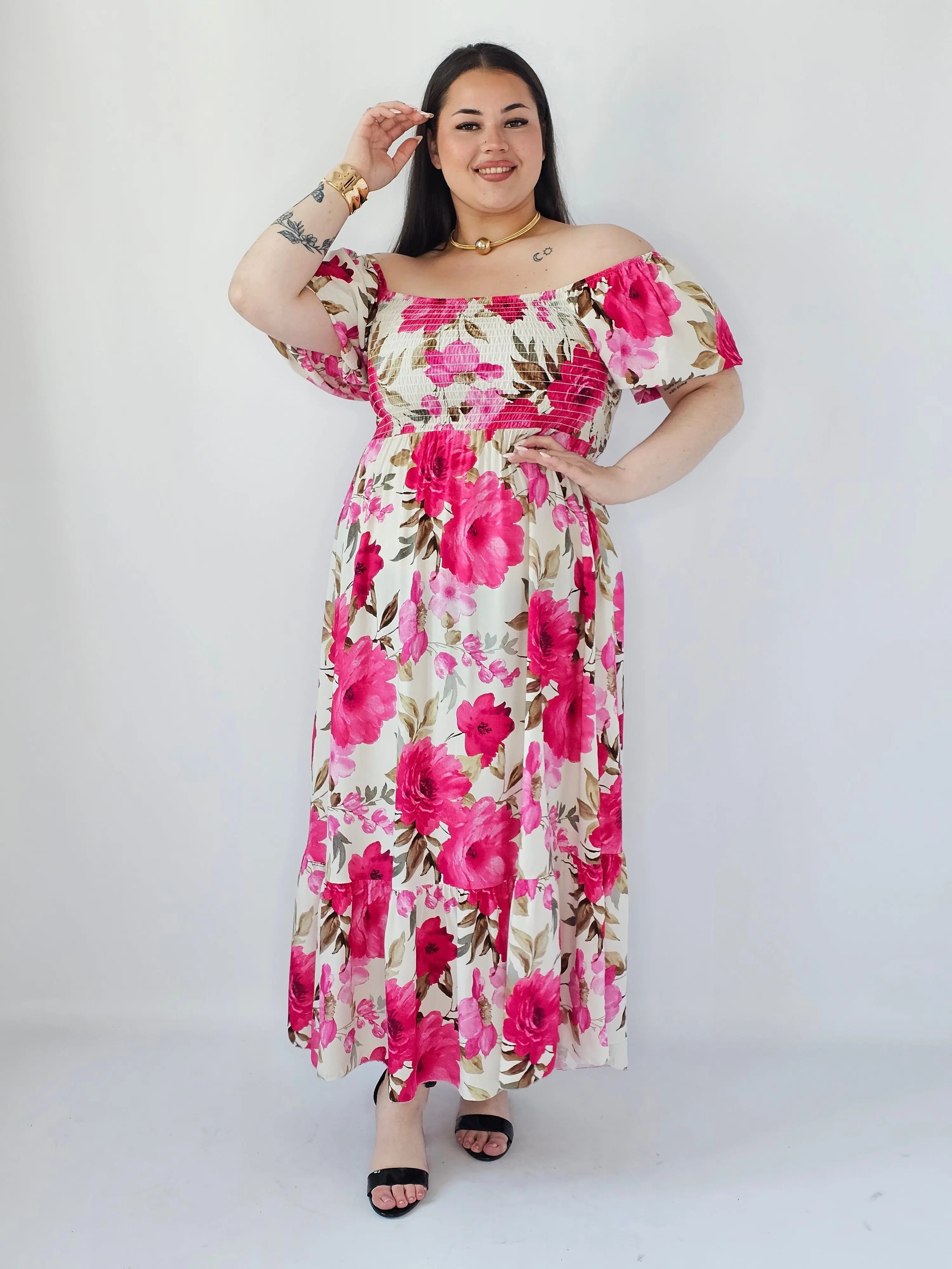 Sukienka Plus Size Maxi W Kwiaty Z Marszczoną Górą – Zwiewna I Kobieca XXL Stylowa XL Stylowa XL