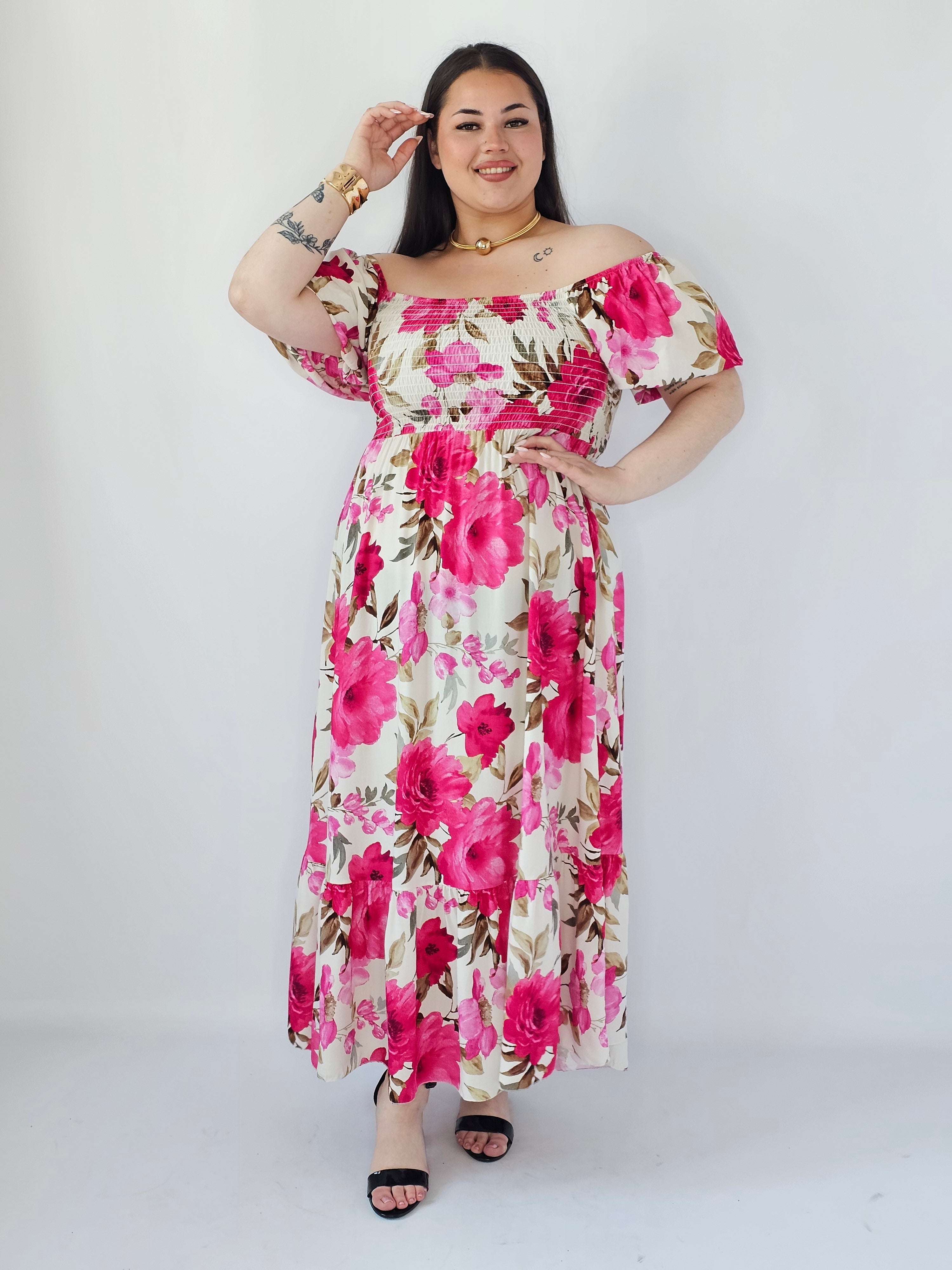 Sukienka Plus Size Maxi W Kwiaty Z Marszczoną Górą – Zwiewna I Kobieca XXL Stylowa XL Stylowa XL