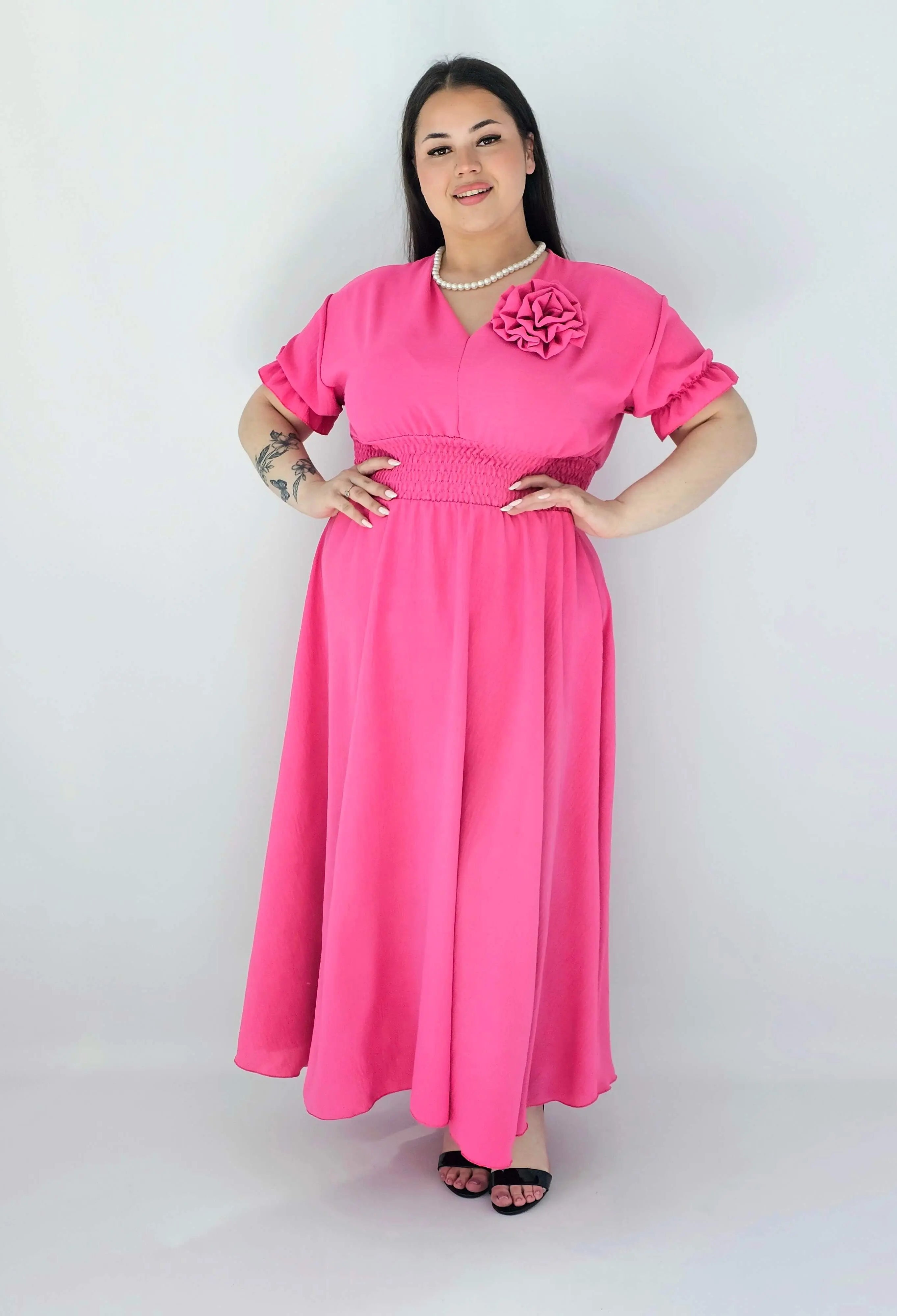 Sukienka Plus Size Midi Z Marszczoną Talią I Kwiatem Stylowa XL