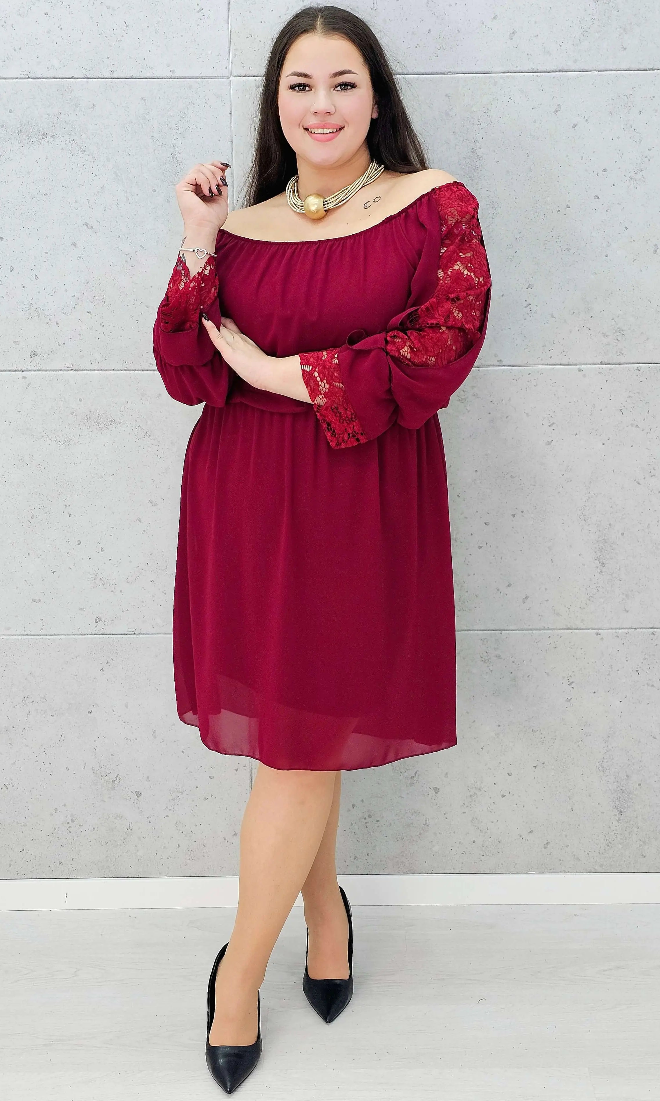 Bordowa sukienka hiszpanka plus size – Stylowa XL rękaw