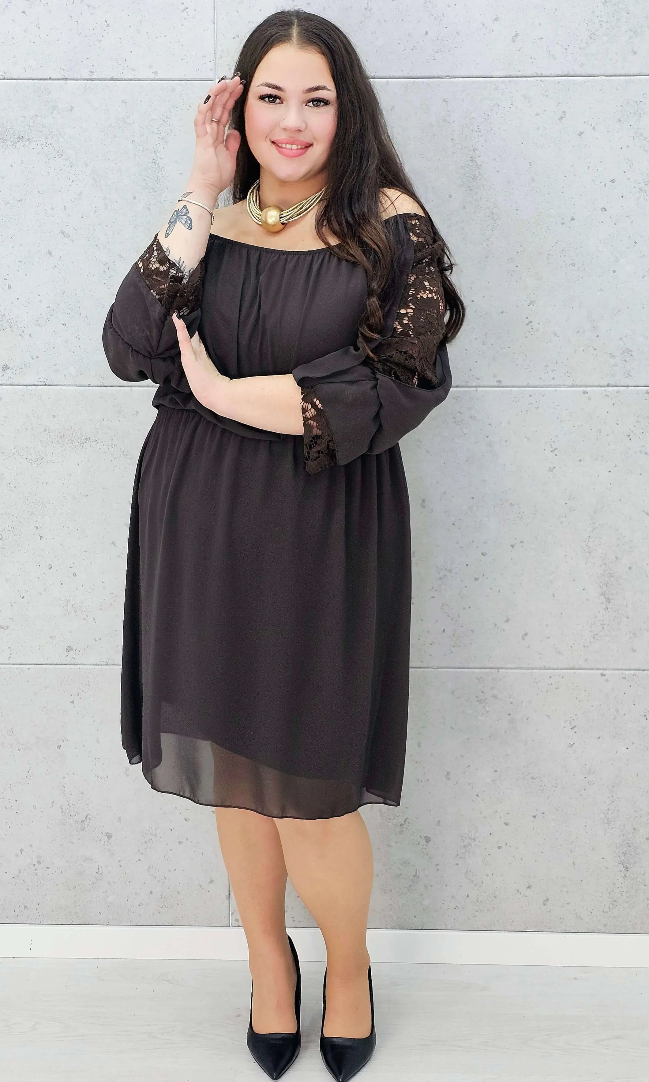 Brązowa sukienka hiszpanka midi z koronką – Stylowa XL cała