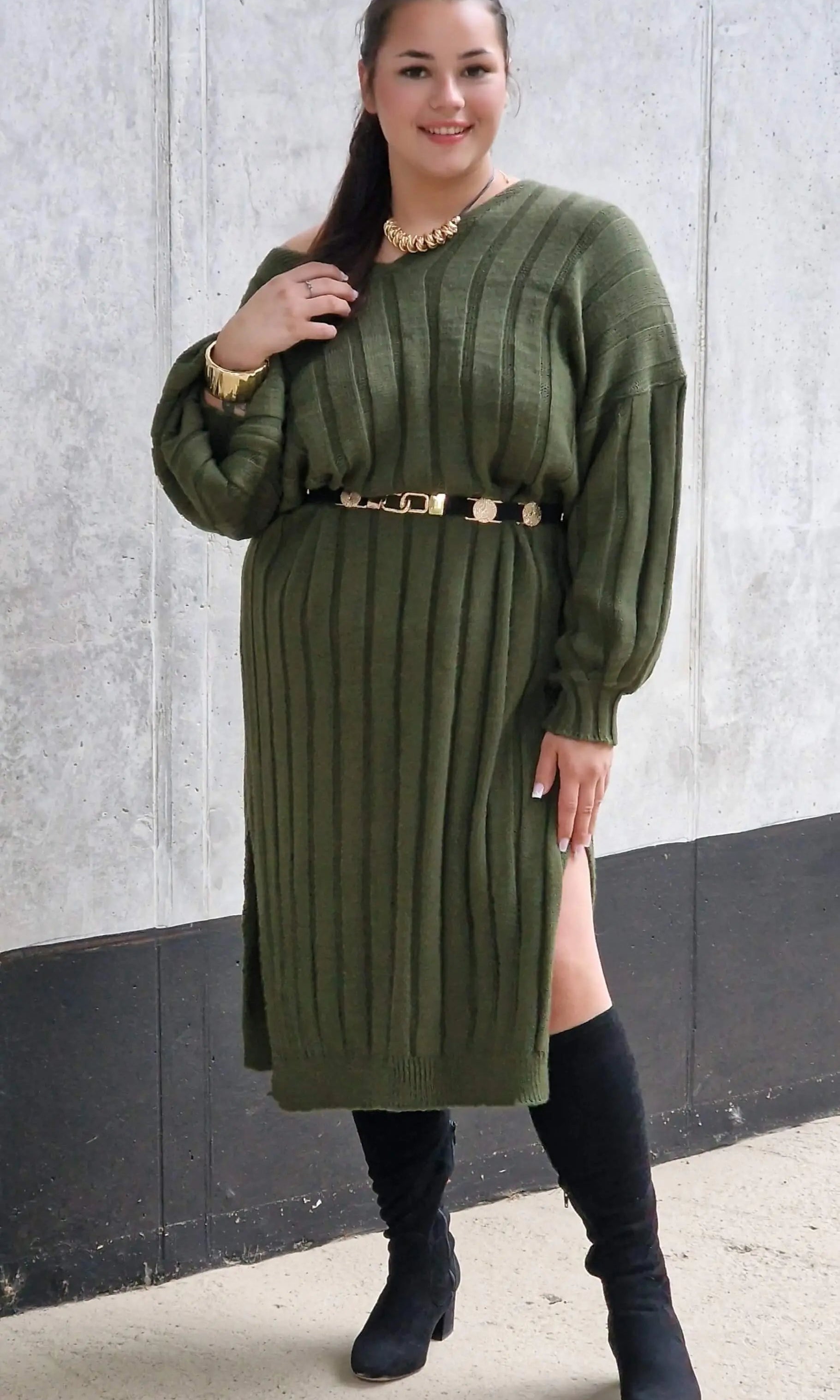 Sukienka Swetrowa z Dekoltem w Serek Stylowa XL