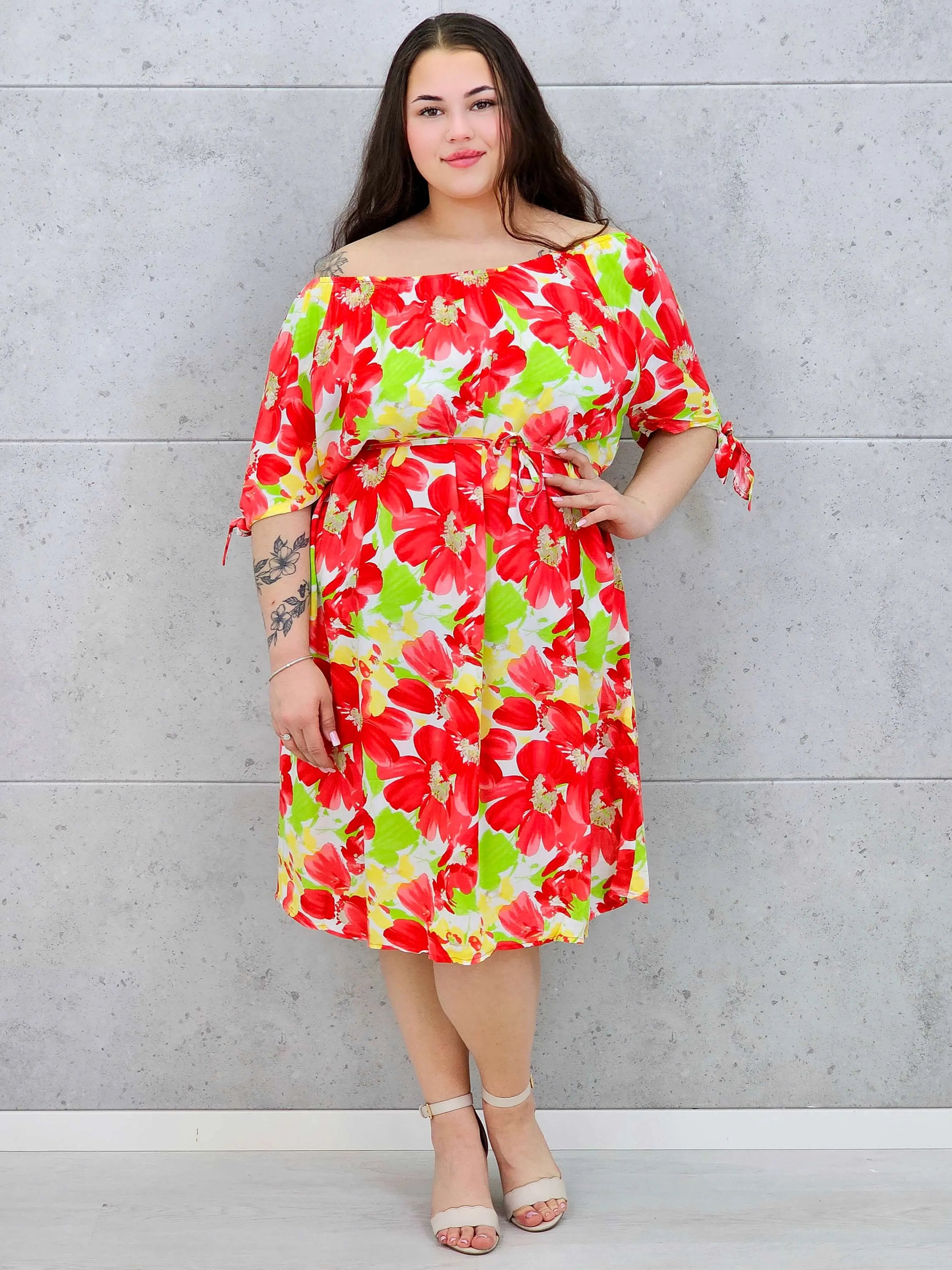 Sukienka hiszpanka midi z wiązanymi rękawami i kwiatowym printem Stylowa XL