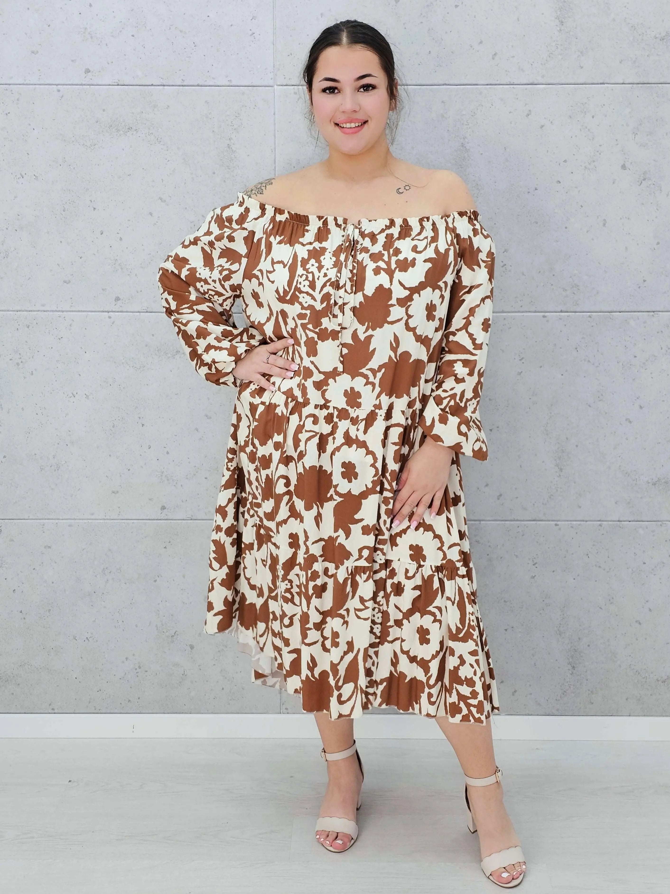 Sukienka hiszpanka w brązowe kwiaty Stylowa XL