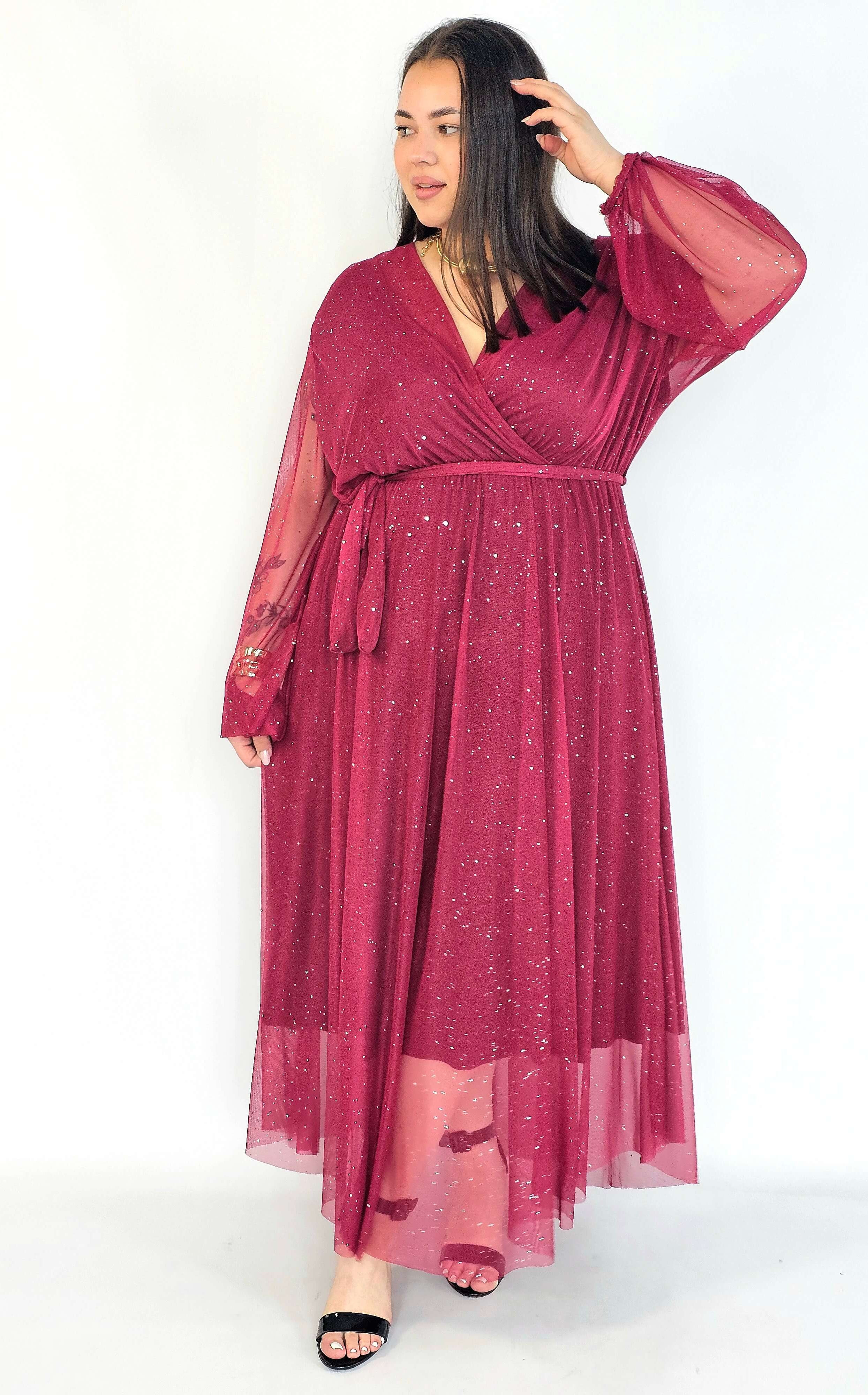 Sukienka plus size – długa sukienka XXL brokatowa z tiulem bordowa Stylowa XL