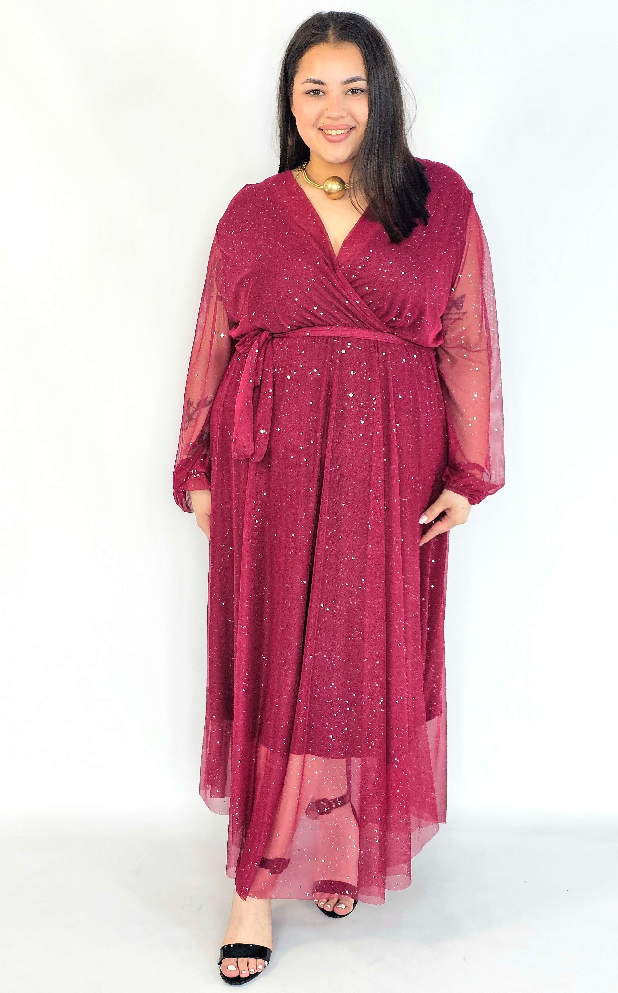 Sukienka plus size – długa sukienka XXL brokatowa z tiulem bordowa Stylowa XL