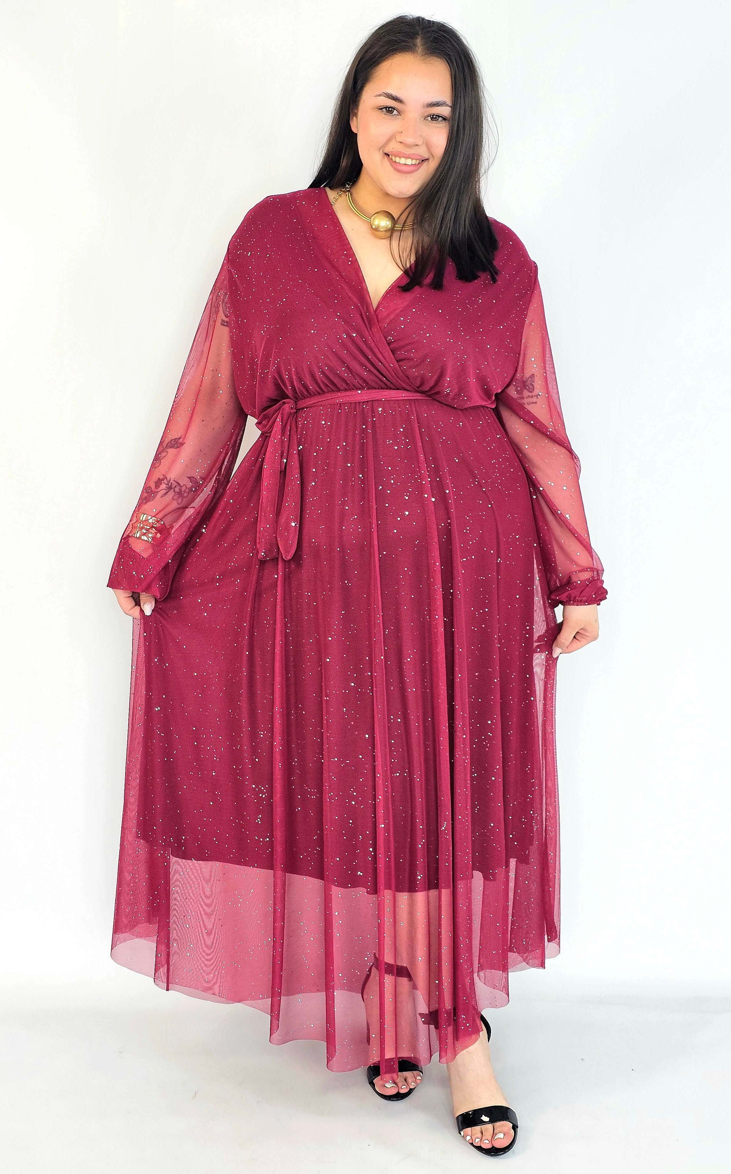 Sukienka plus size – długa sukienka XXL brokatowa z tiulem bordowa Stylowa XL
