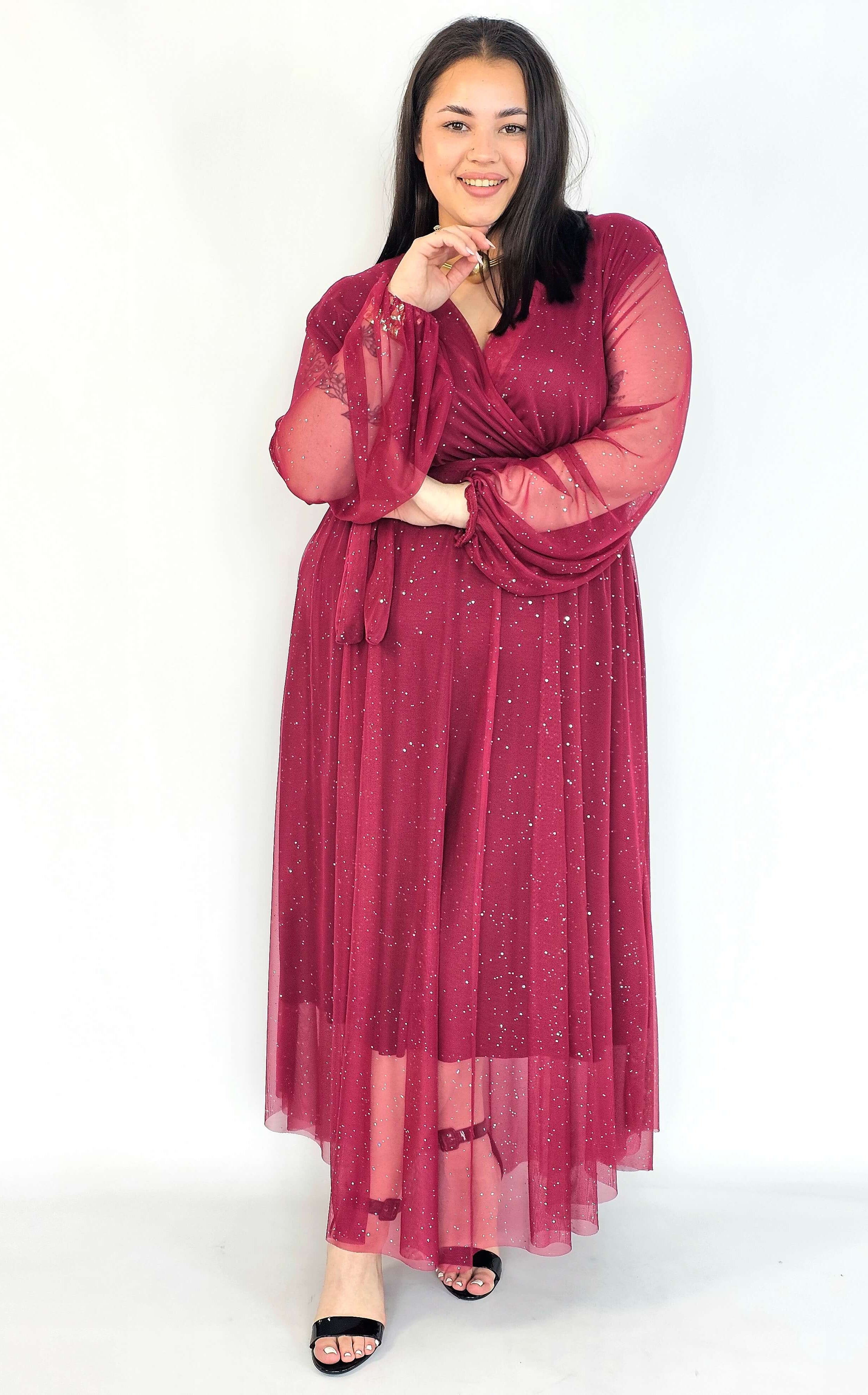 Sukienka plus size – długa sukienka XXL brokatowa z tiulem bordowa Stylowa XL