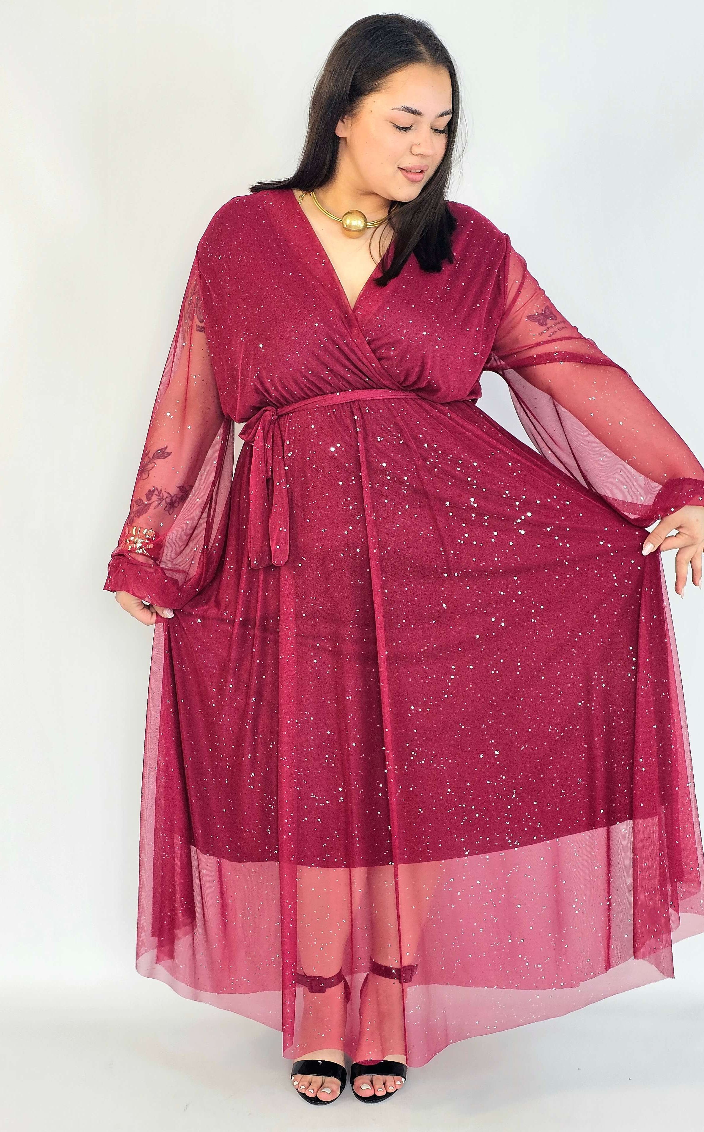 Sukienka plus size – długa sukienka XXL brokatowa z tiulem bordowa Stylowa XL
