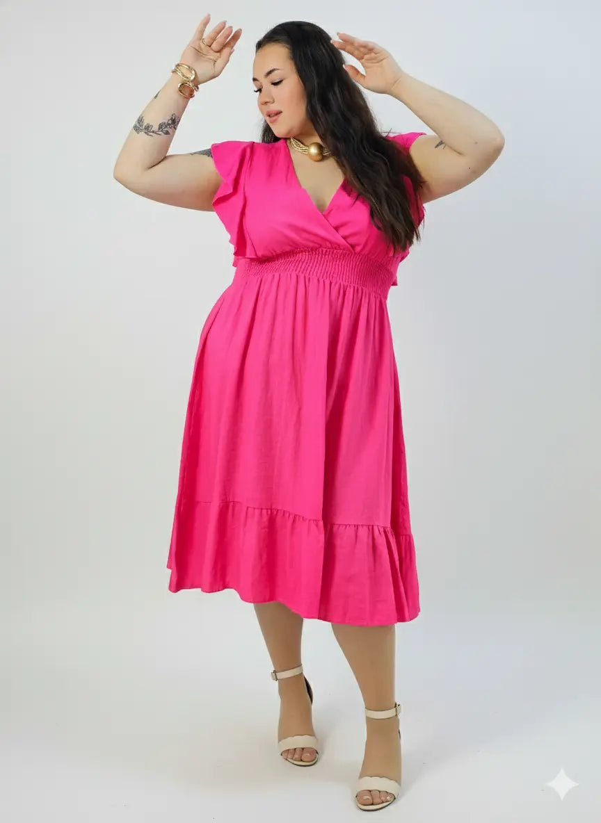 Sukienka plus size – sukienka midi z kopertowym dekoltem, marszczoną talią i falbaną Stylowa XL