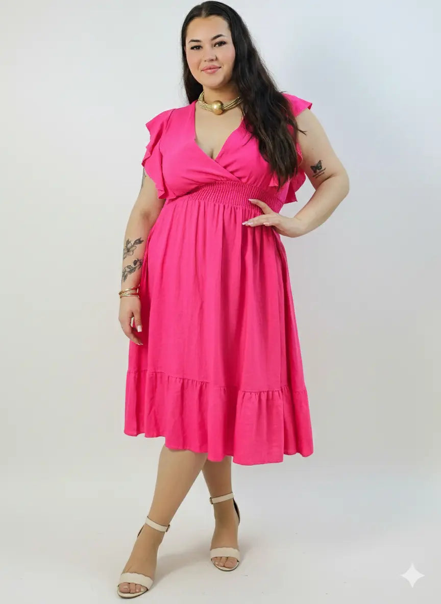 Sukienka plus size – sukienka midi z kopertowym dekoltem, marszczoną talią i falbaną Stylowa XL