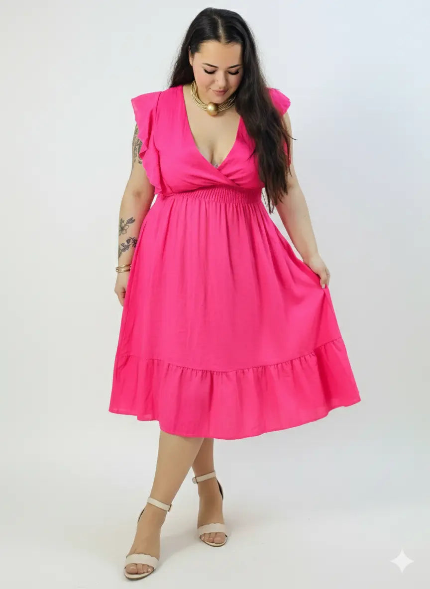 Sukienka plus size – sukienka midi z kopertowym dekoltem, marszczoną talią i falbaną Stylowa XL
