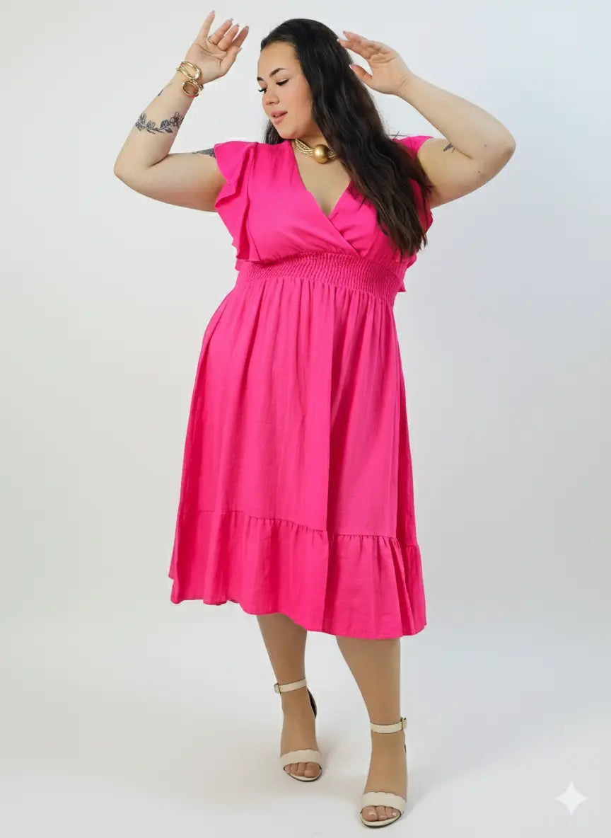 Sukienka plus size – sukienka midi z kopertowym dekoltem, marszczoną talią i falbaną Stylowa XL