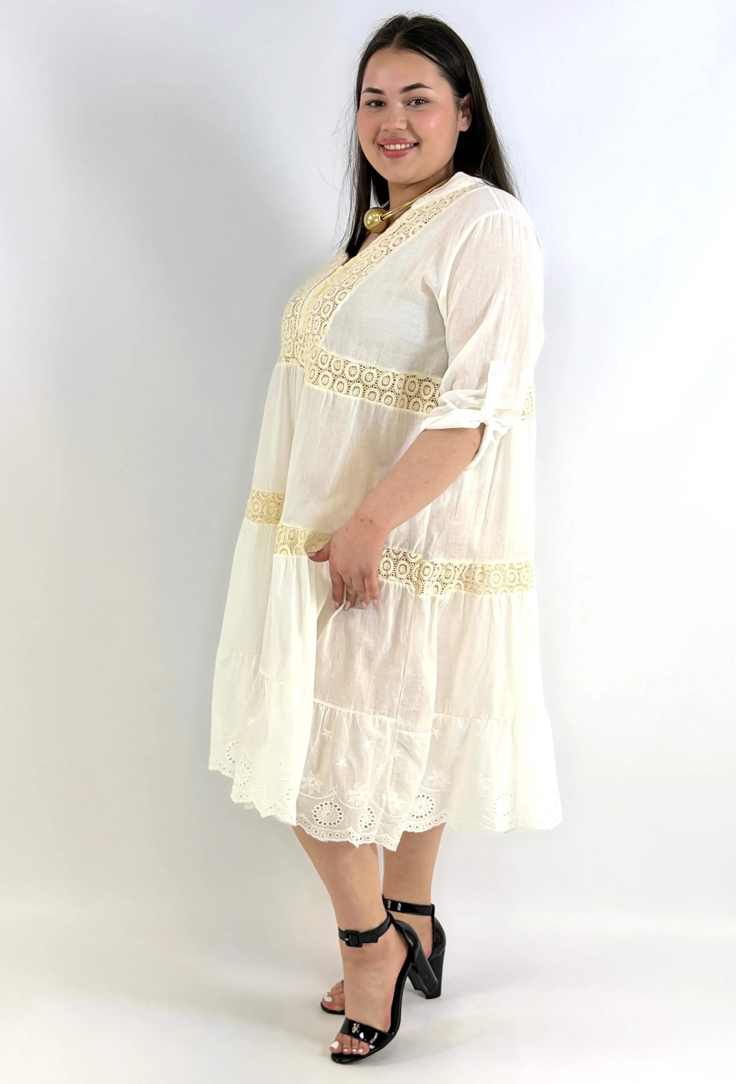 Sukienka plus size boho ecru z koronką – lekka sukienka XXL na lato Stylowa XL