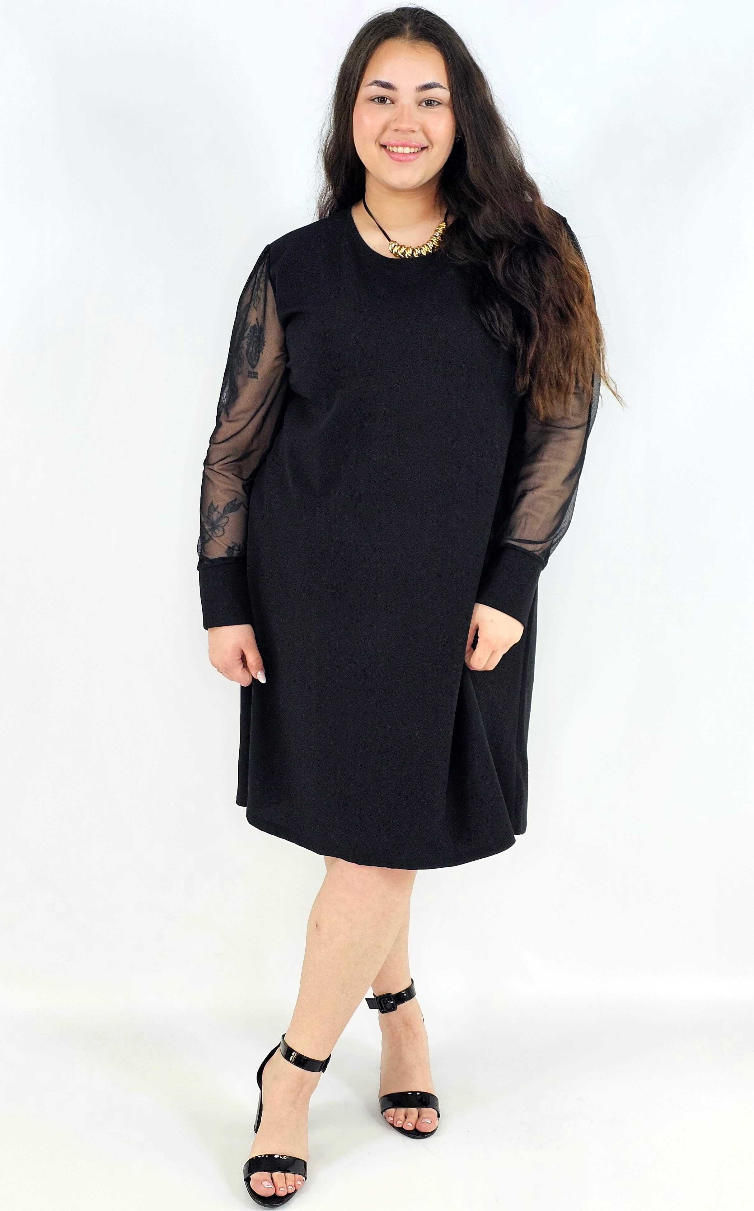 Sukienka plus size czarna z tiulowymi rękawami – elegancka sukienka XXL Stylowa XL