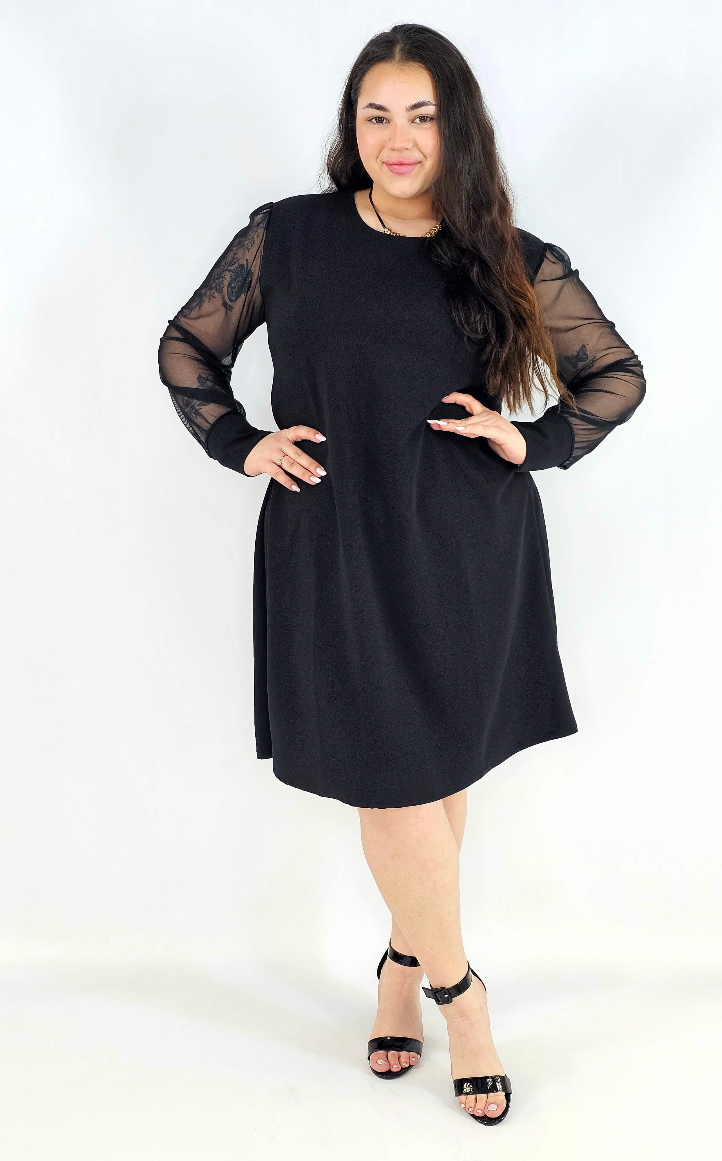 Sukienka plus size czarna z tiulowymi rękawami – elegancka sukienka XXL Stylowa XL