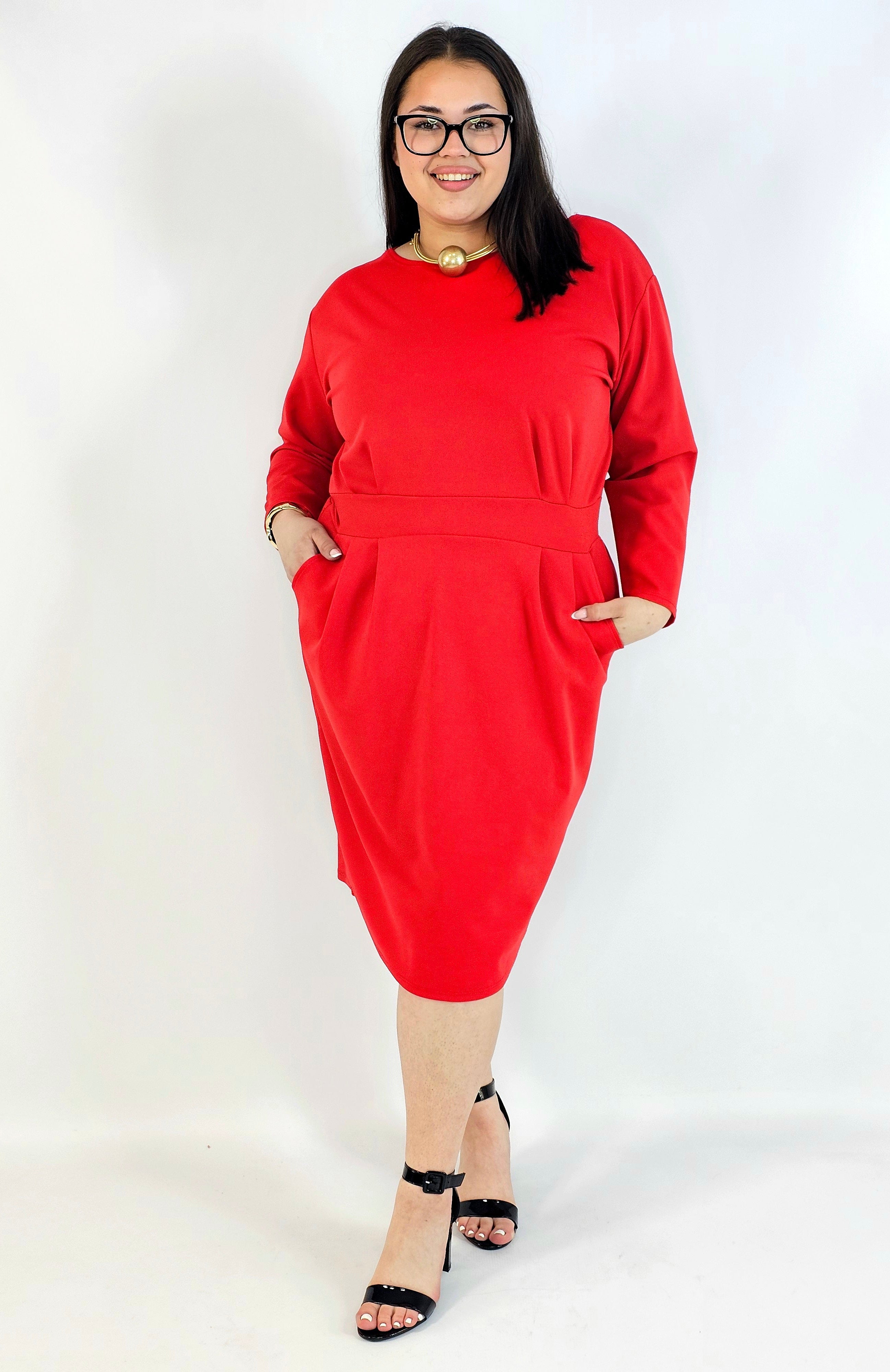 Sukienka plus size czerwona elegancka z długim rękawem Stylowa XL
