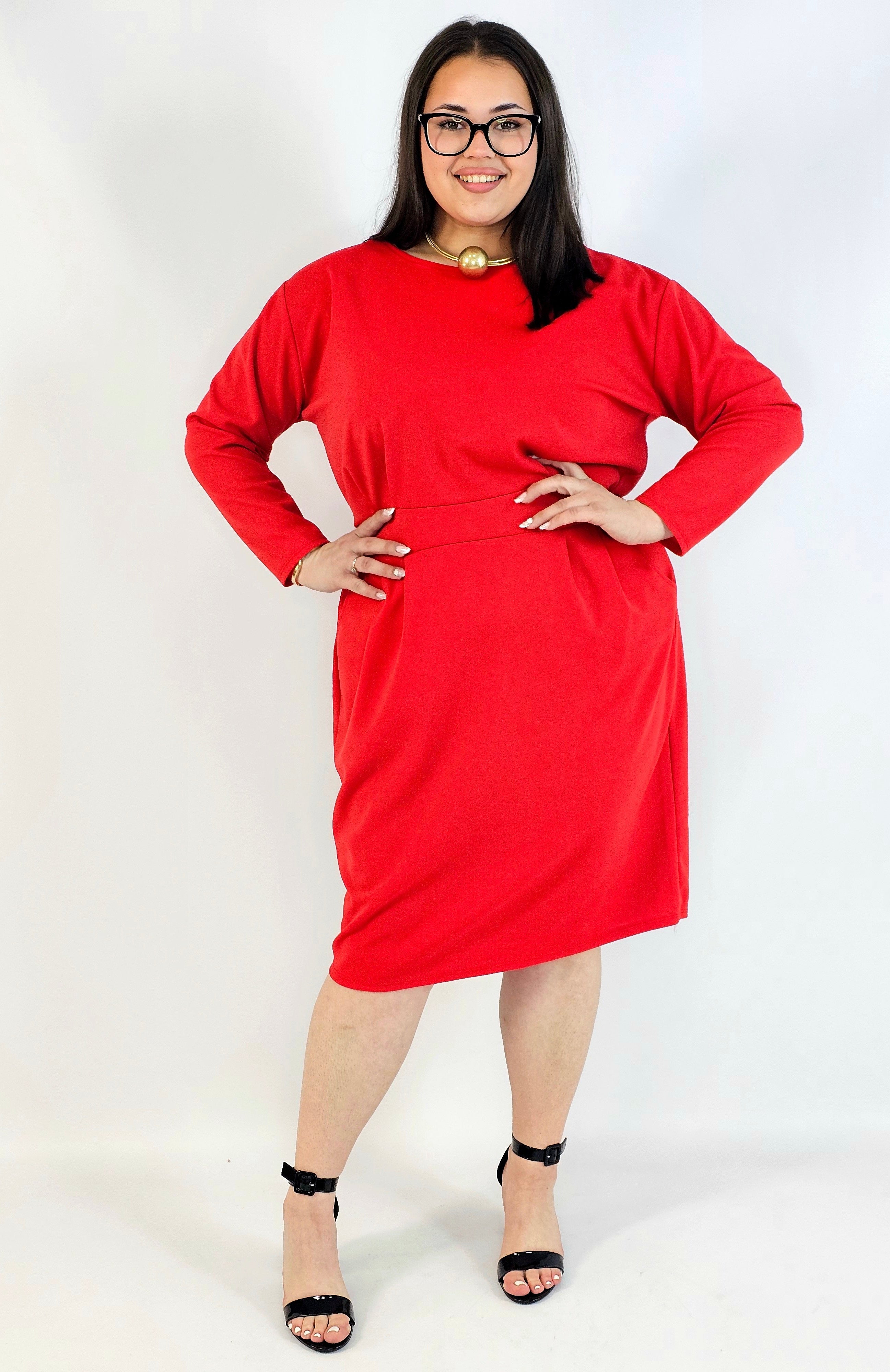 Sukienka plus size czerwona elegancka z długim rękawem Stylowa XL