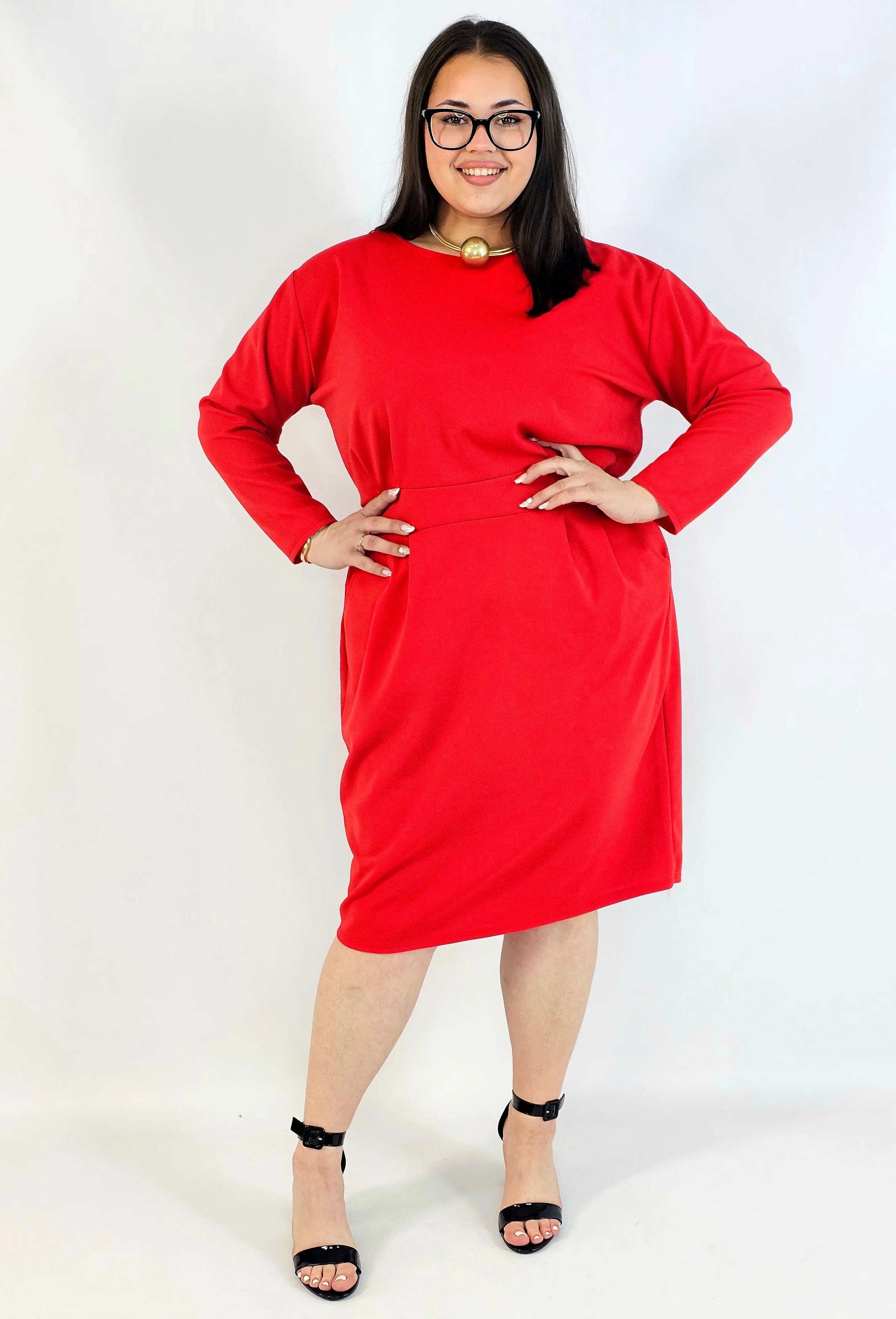Sukienka plus size czerwona elegancka z długim rękawem Stylowa XL