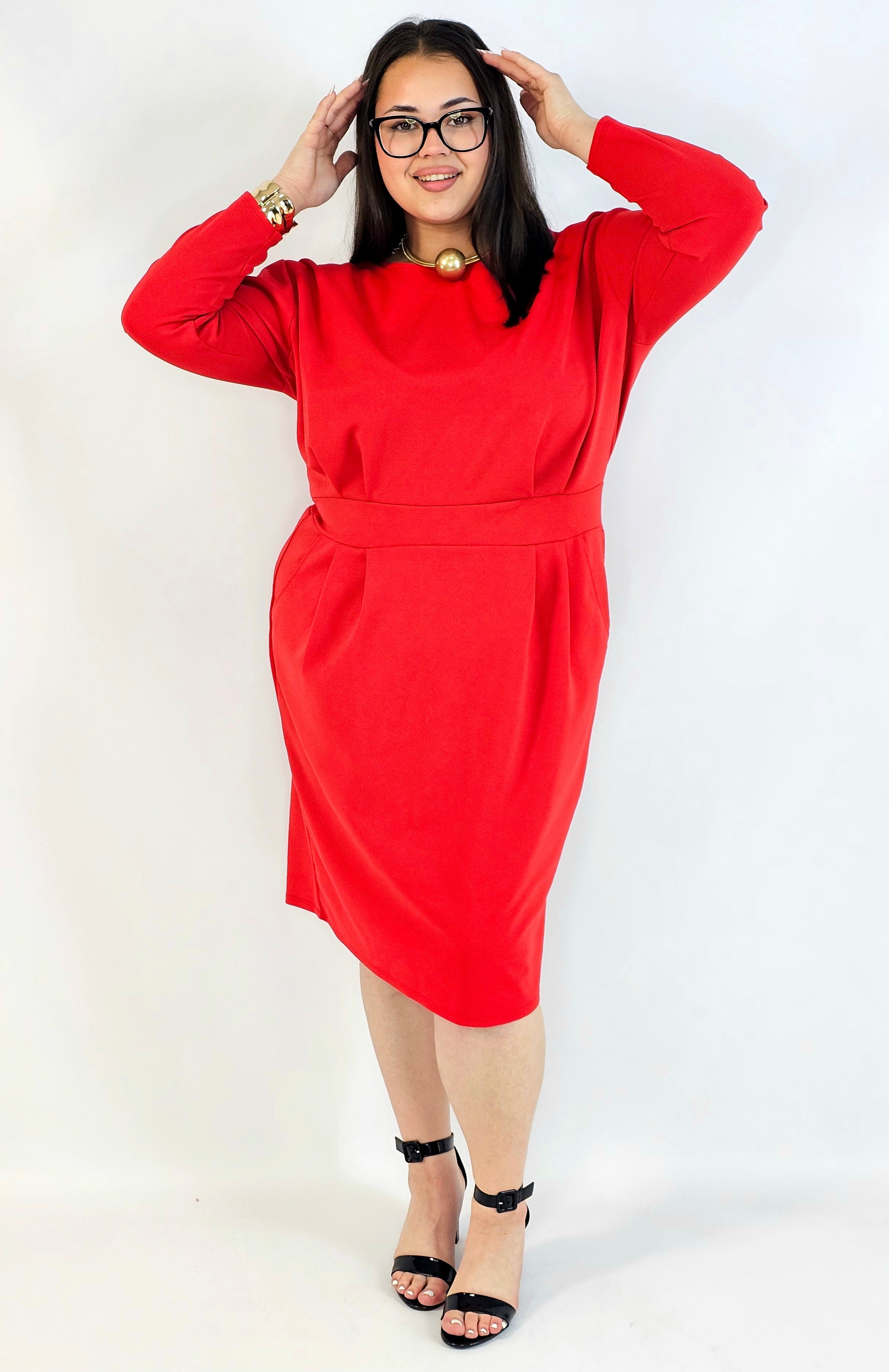 Sukienka plus size czerwona elegancka z długim rękawem Stylowa XL