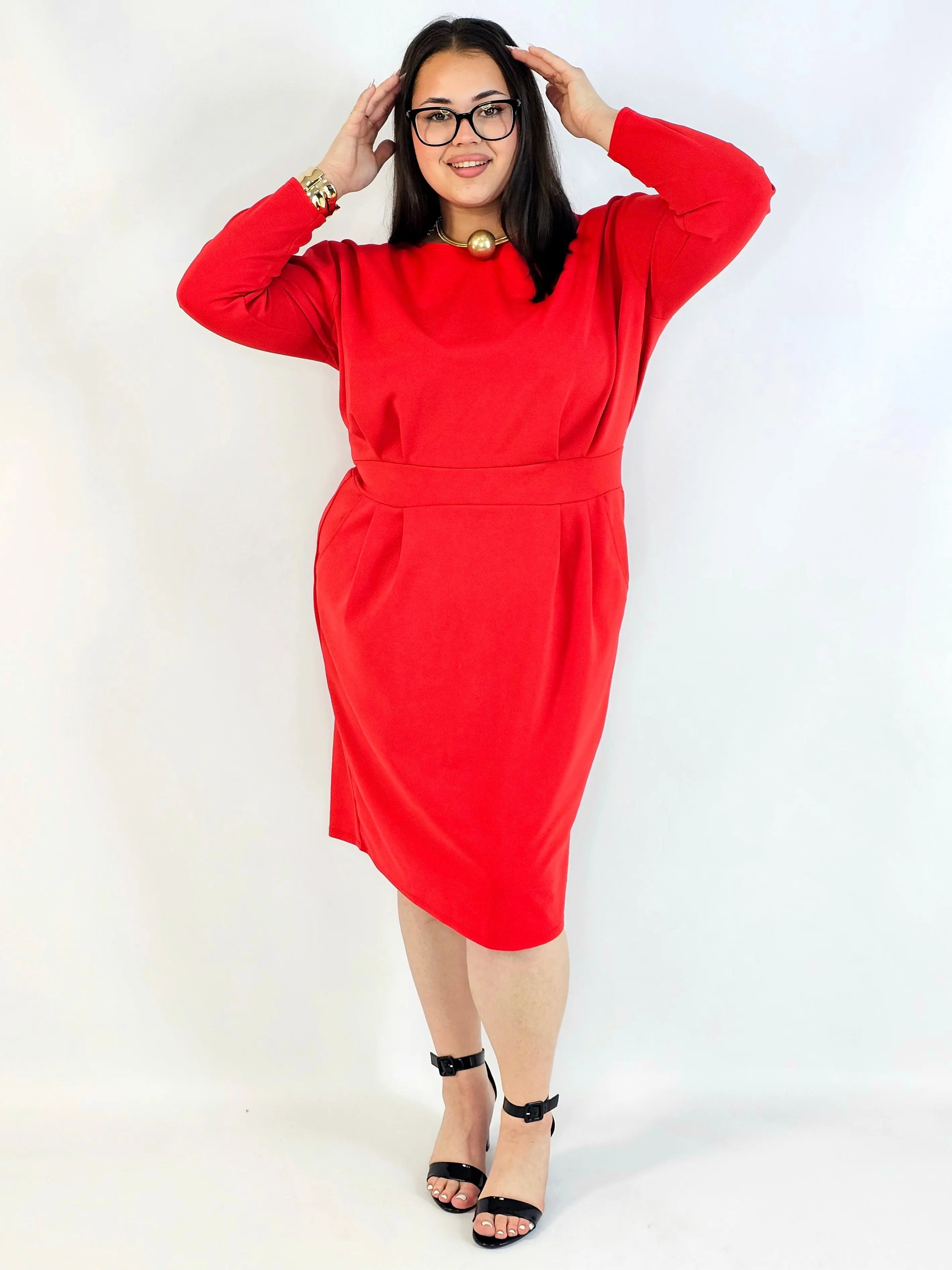 Sukienka plus size czerwona elegancka z długim rękawem Stylowa XL