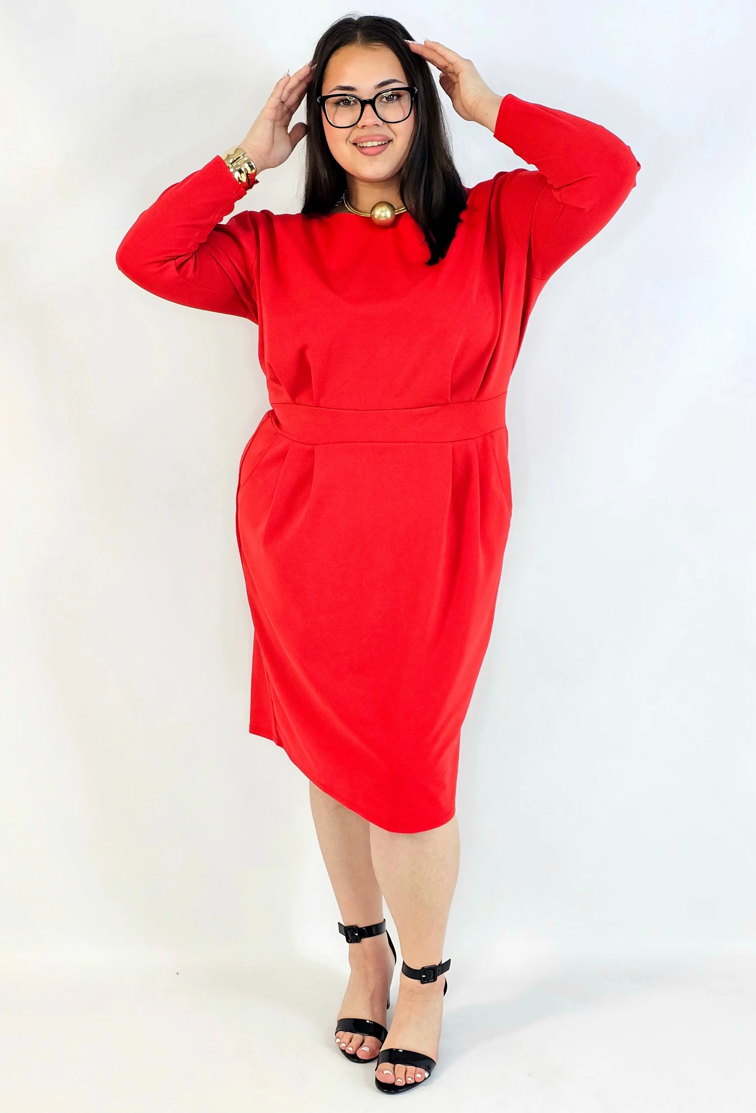 Sukienka plus size czerwona elegancka z długim rękawem Stylowa XL