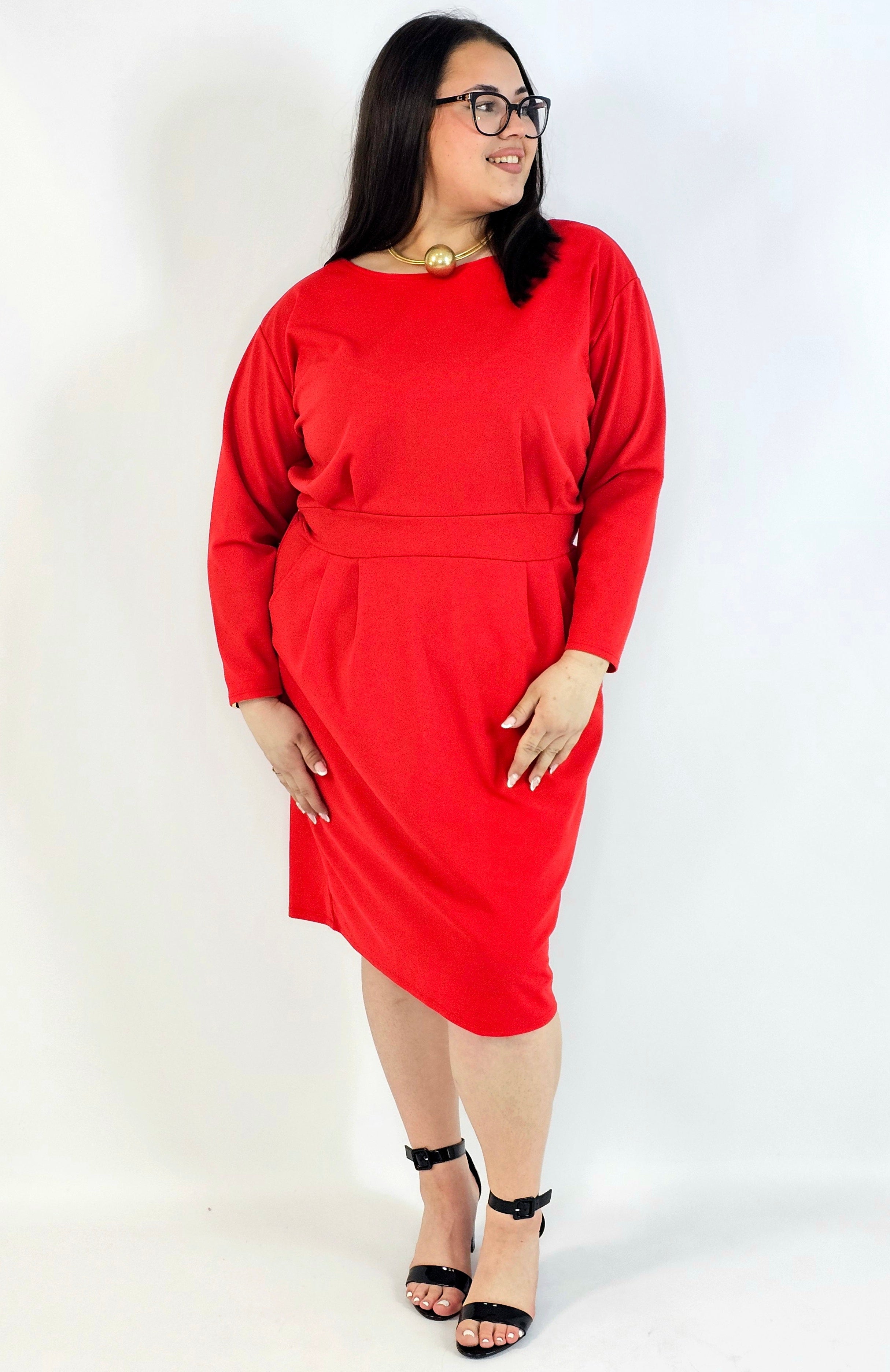 Sukienka plus size czerwona elegancka z długim rękawem Stylowa XL