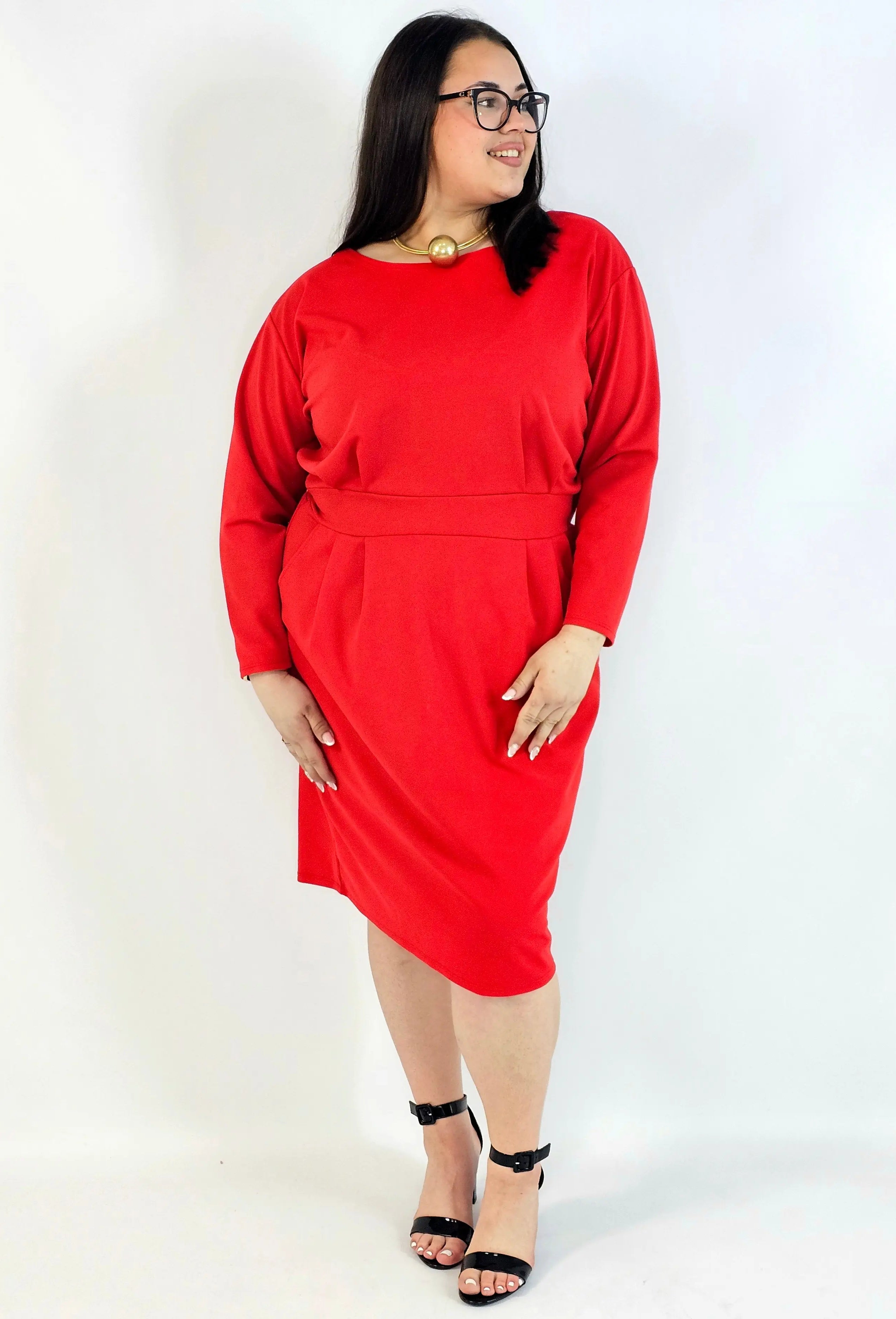 Sukienka plus size czerwona elegancka z długim rękawem Stylowa XL