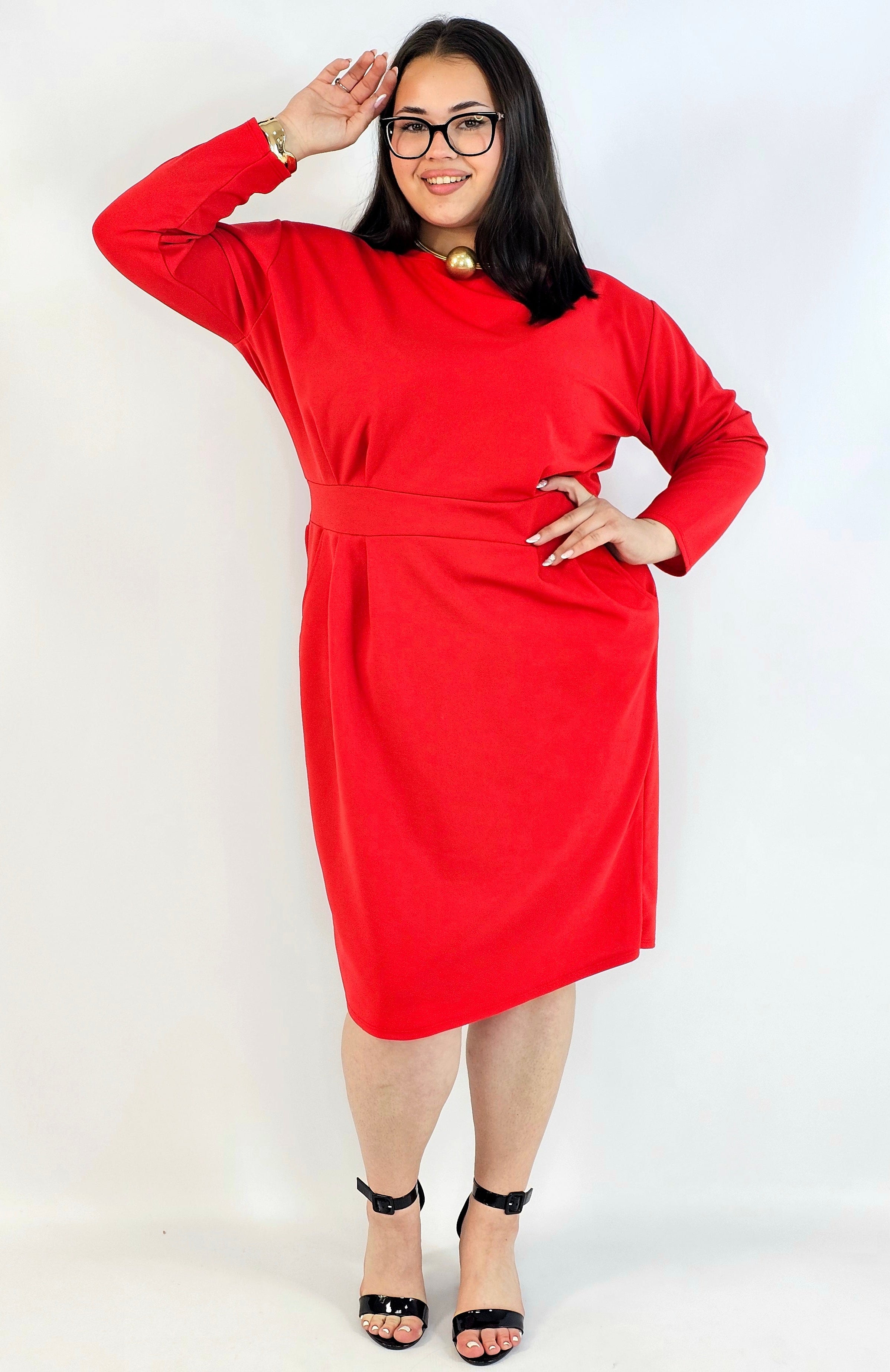Sukienka plus size czerwona elegancka z długim rękawem Stylowa XL