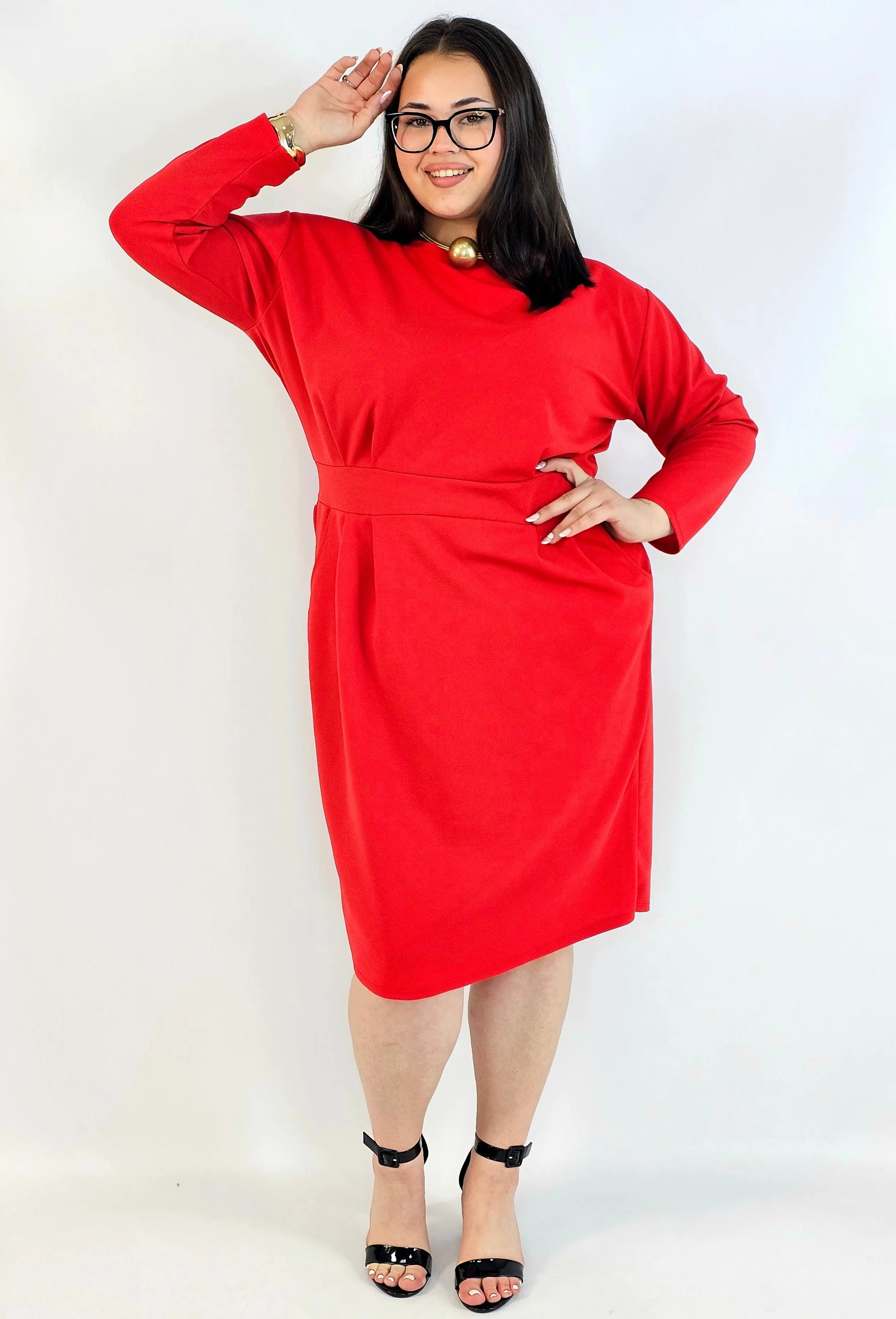 Sukienka plus size czerwona elegancka z długim rękawem Stylowa XL