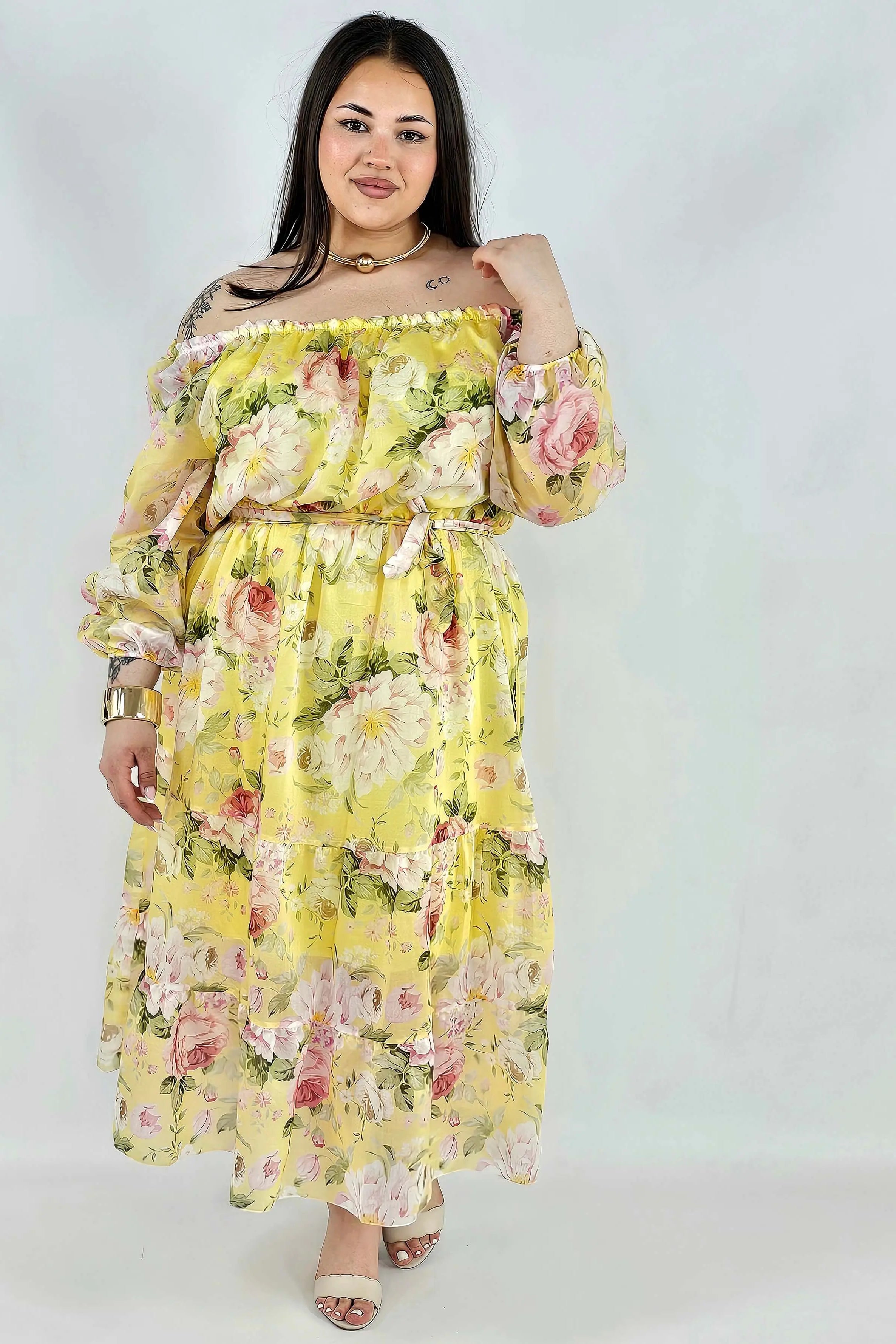 Sukienka plus size hiszpanka w kwiaty XXL – żółta i różowa na komunię i wesele Stylowa XL