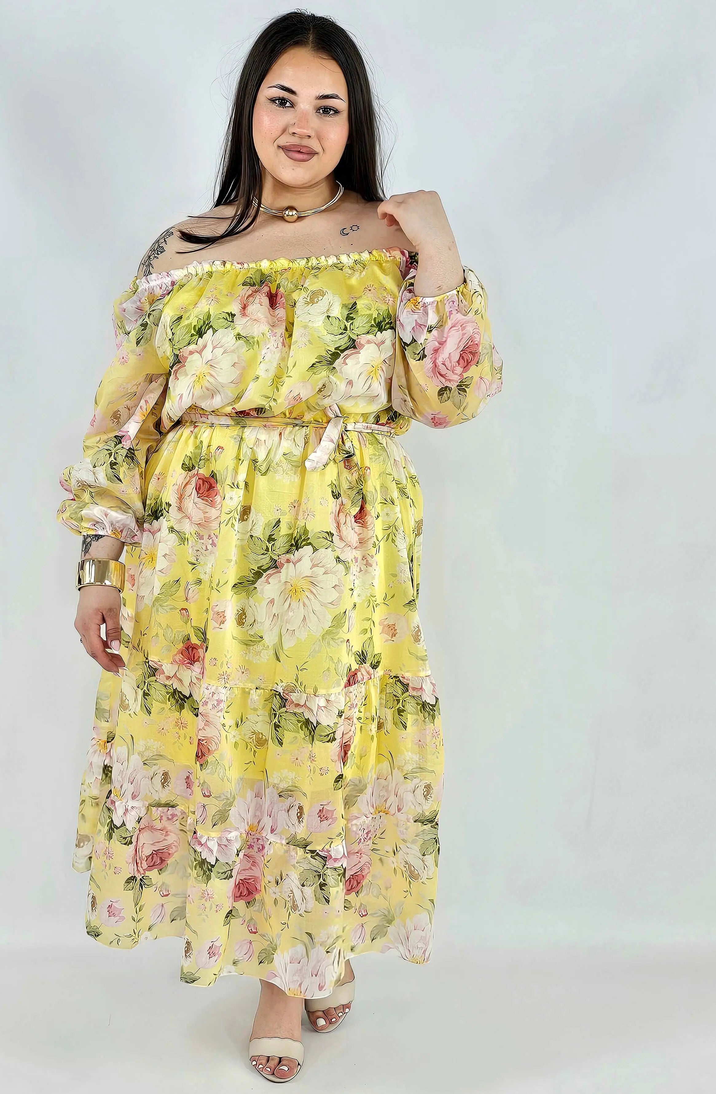 Sukienka plus size hiszpanka w kwiaty XXL – żółta i różowa na komunię i wesele Stylowa XL