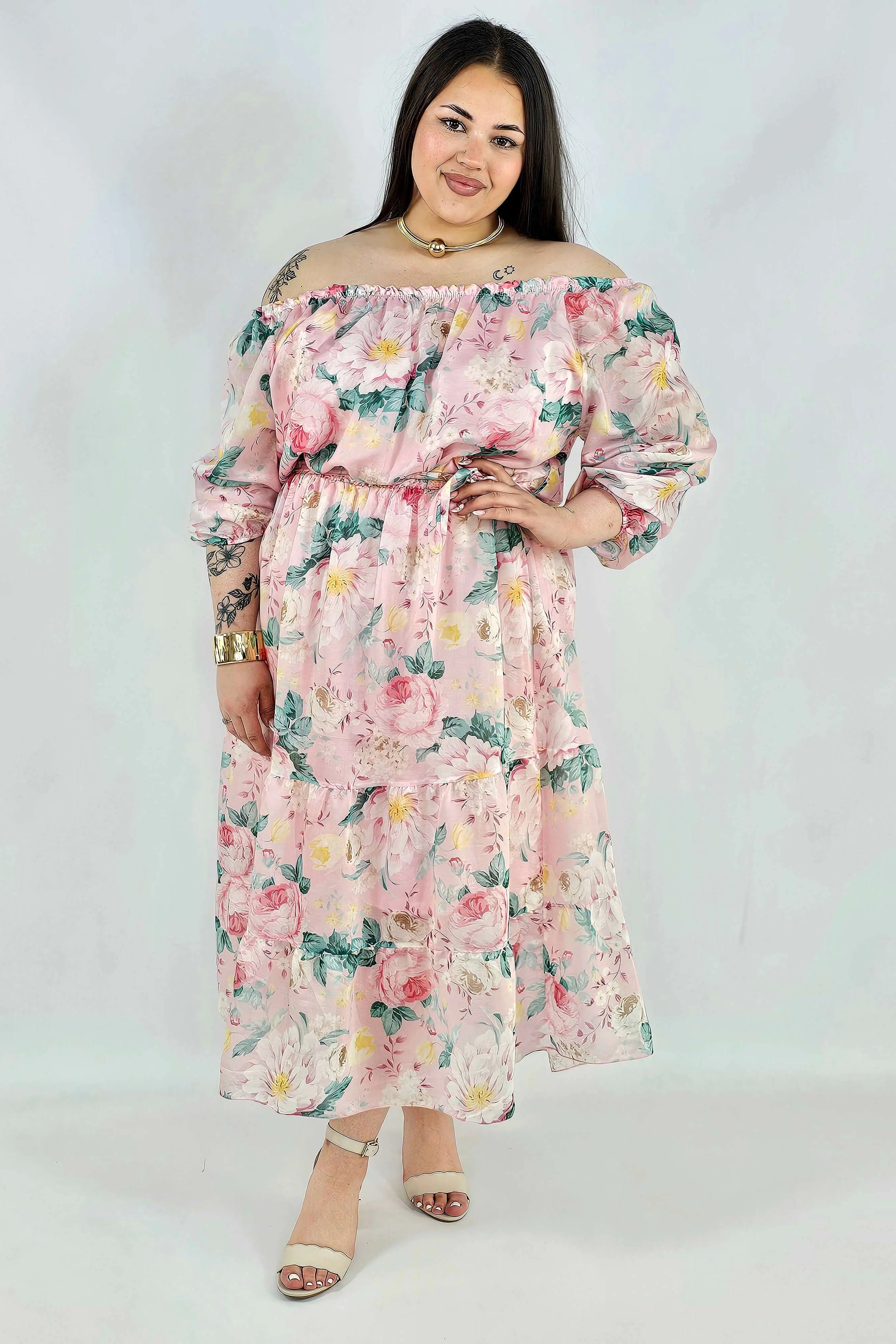 Sukienka plus size hiszpanka w kwiaty XXL – żółta i różowa na komunię i wesele Stylowa XL