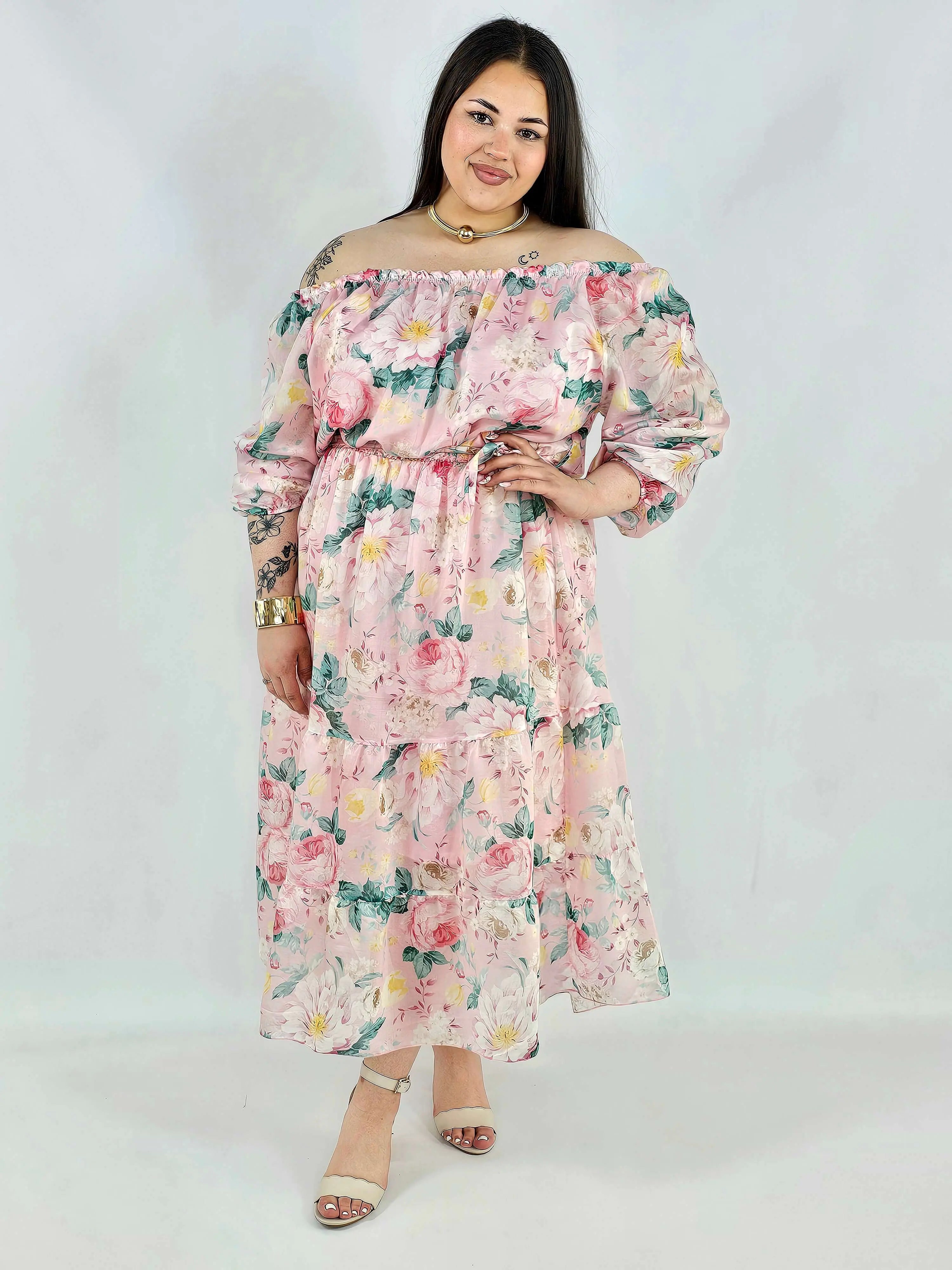 Sukienka plus size hiszpanka w kwiaty XXL – żółta i różowa na komunię i wesele Stylowa XL