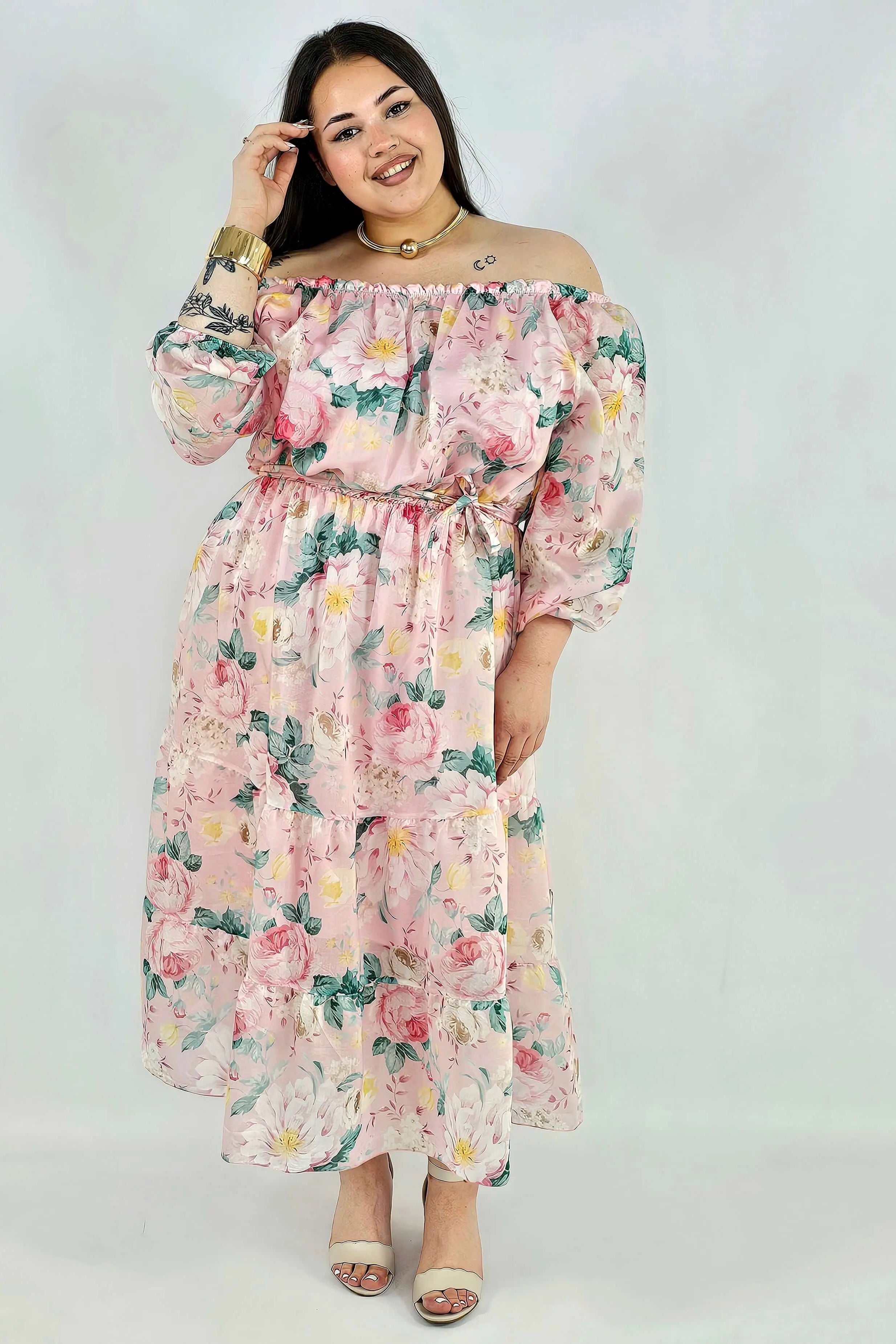 Sukienka plus size hiszpanka w kwiaty XXL – żółta i różowa na komunię i wesele Stylowa XL