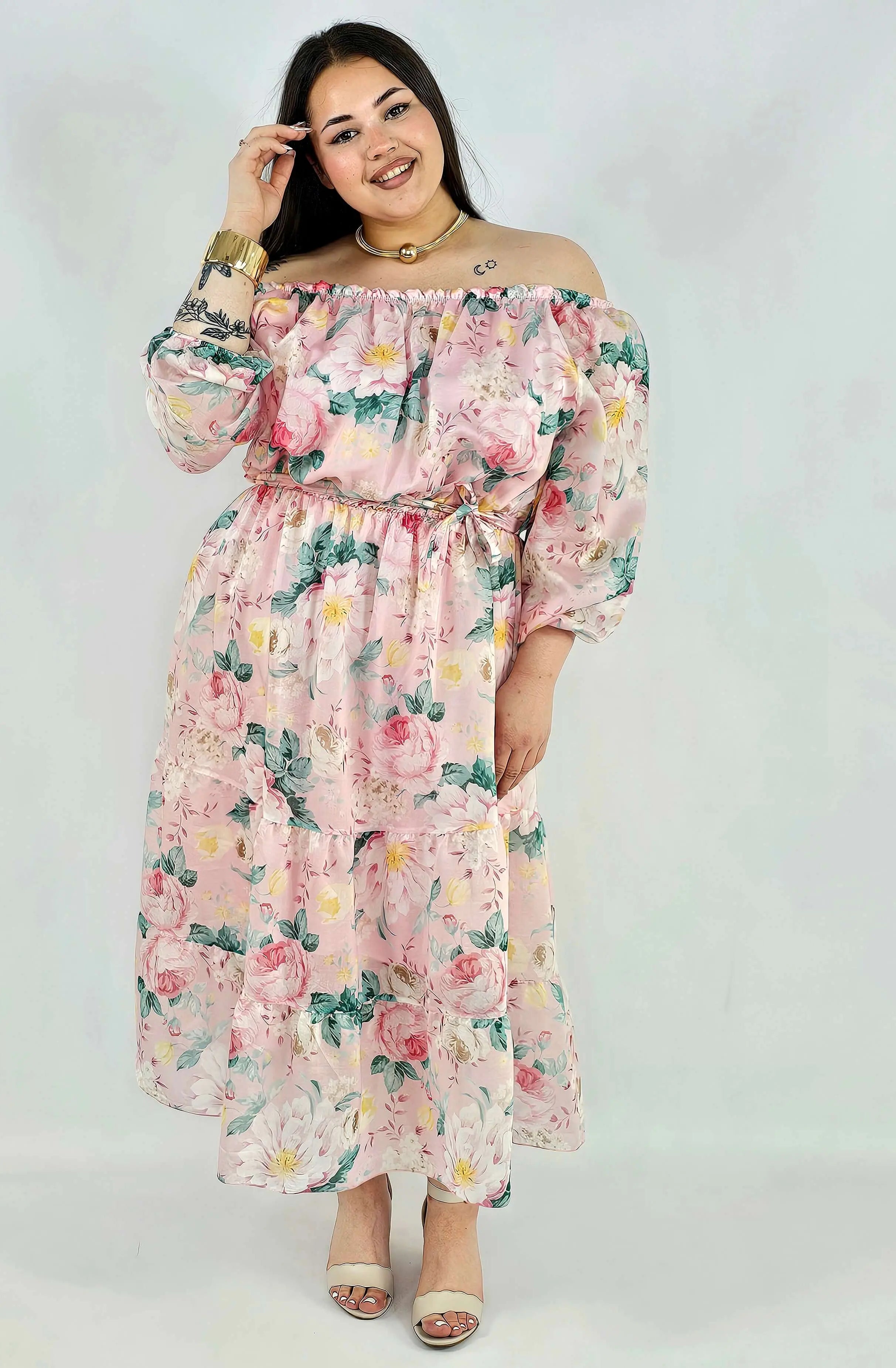 Sukienka plus size hiszpanka w kwiaty XXL – żółta i różowa na komunię i wesele Stylowa XL