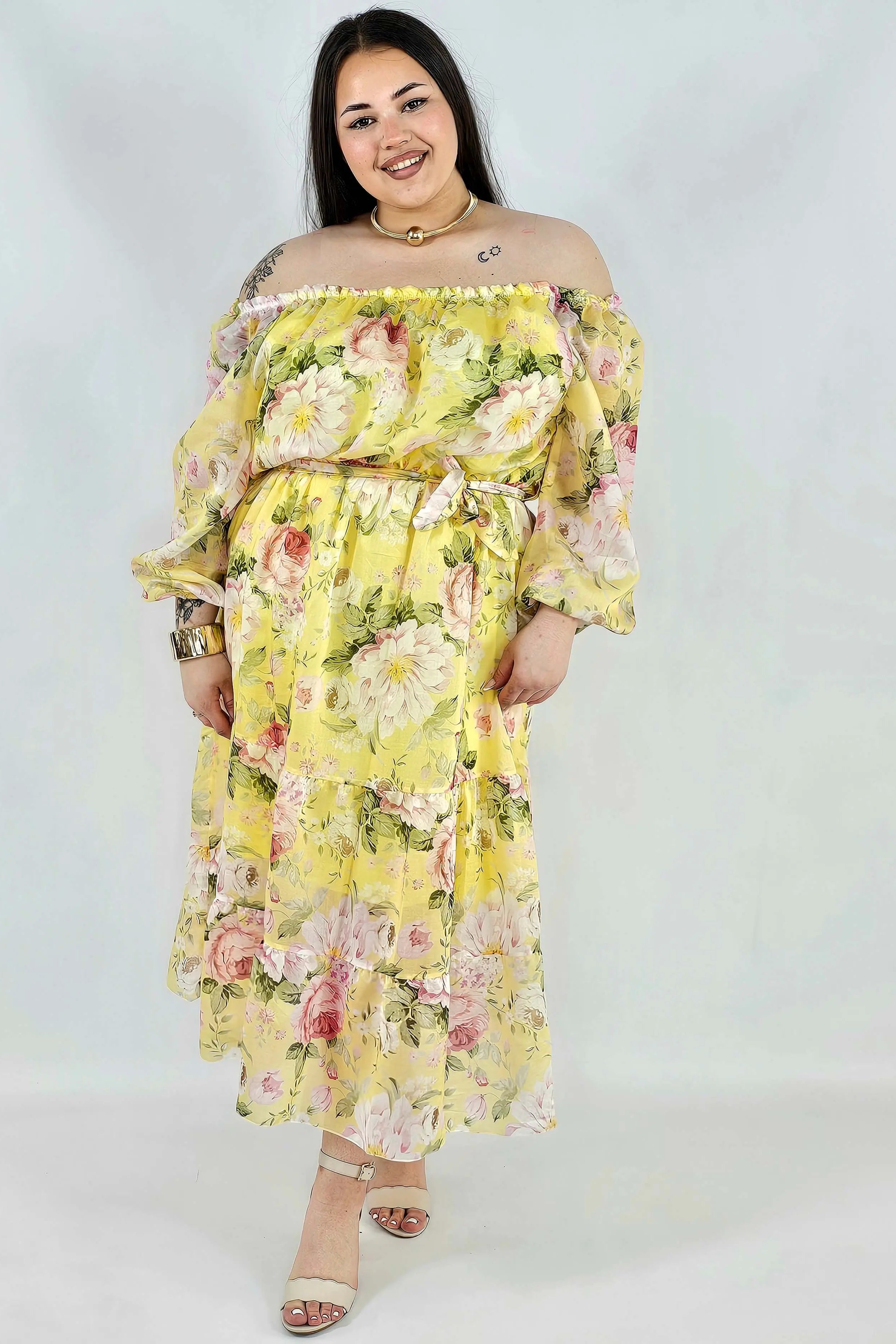 Sukienka plus size hiszpanka w kwiaty XXL – żółta i różowa na komunię i wesele Stylowa XL