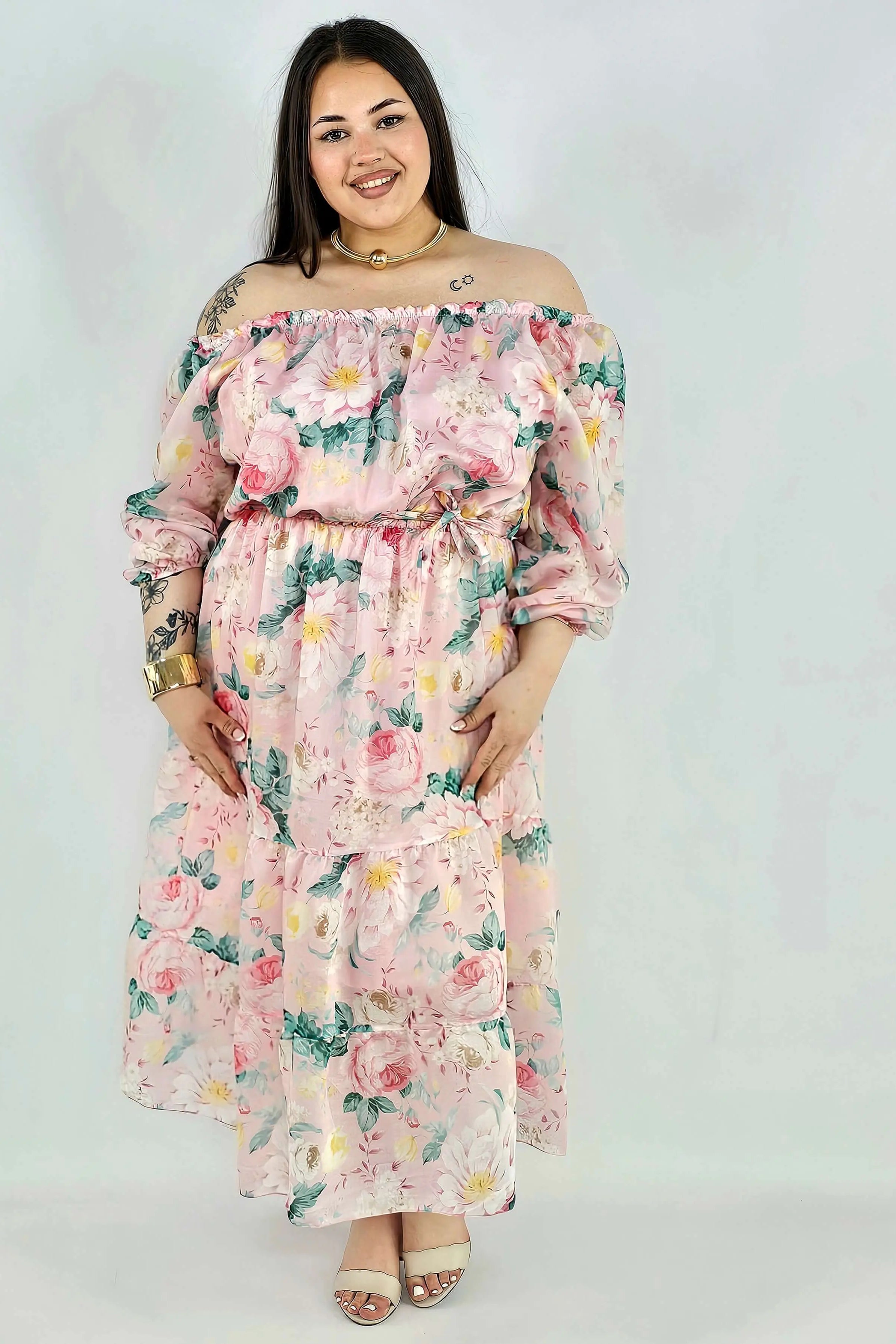 Sukienka plus size hiszpanka w kwiaty XXL – żółta i różowa na komunię i wesele Stylowa XL