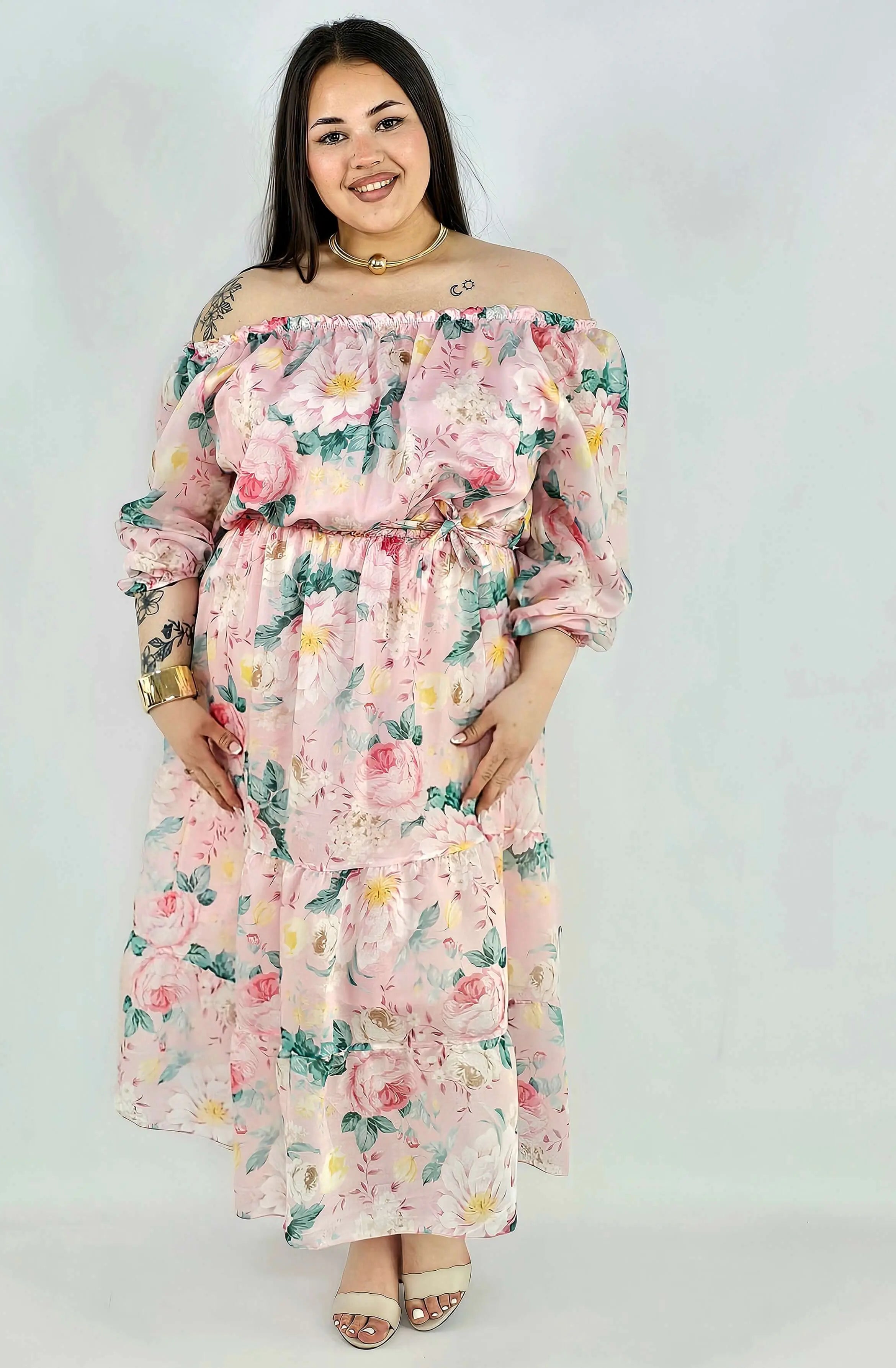 Sukienka plus size hiszpanka w kwiaty XXL – żółta i różowa na komunię i wesele Stylowa XL