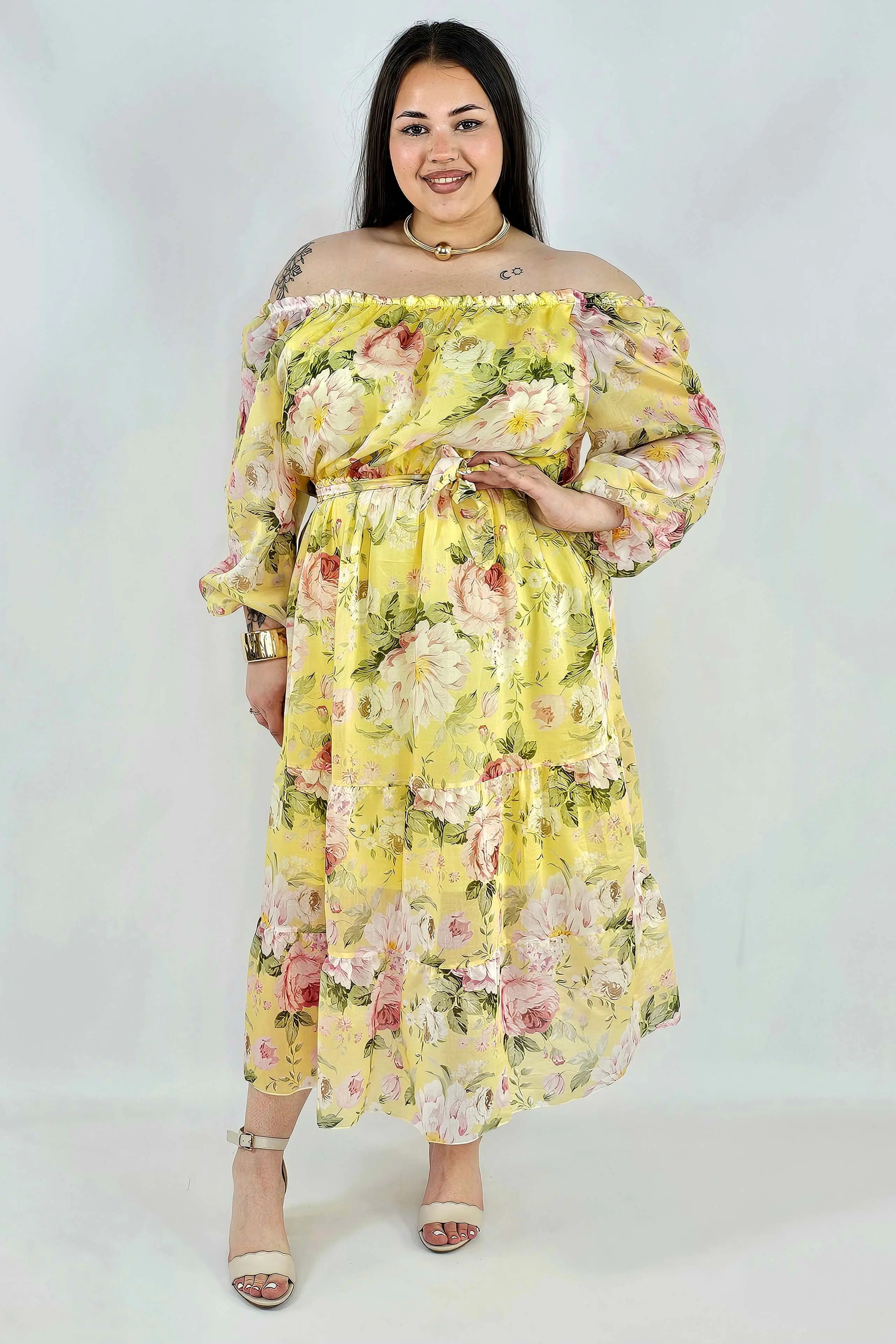 Sukienka plus size hiszpanka w kwiaty XXL – żółta i różowa na komunię i wesele Stylowa XL