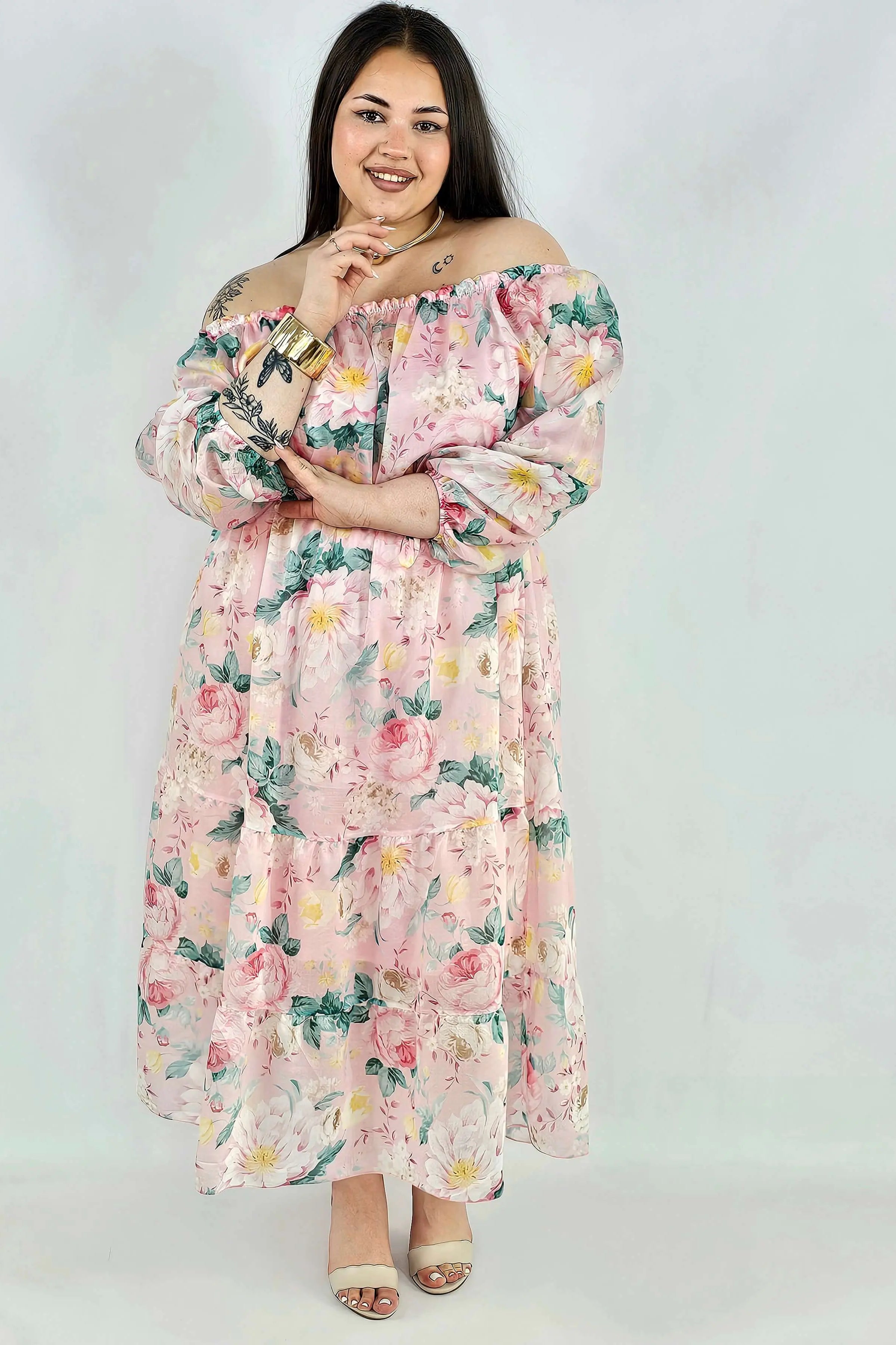 Sukienka plus size hiszpanka w kwiaty XXL – żółta i różowa na komunię i wesele Stylowa XL