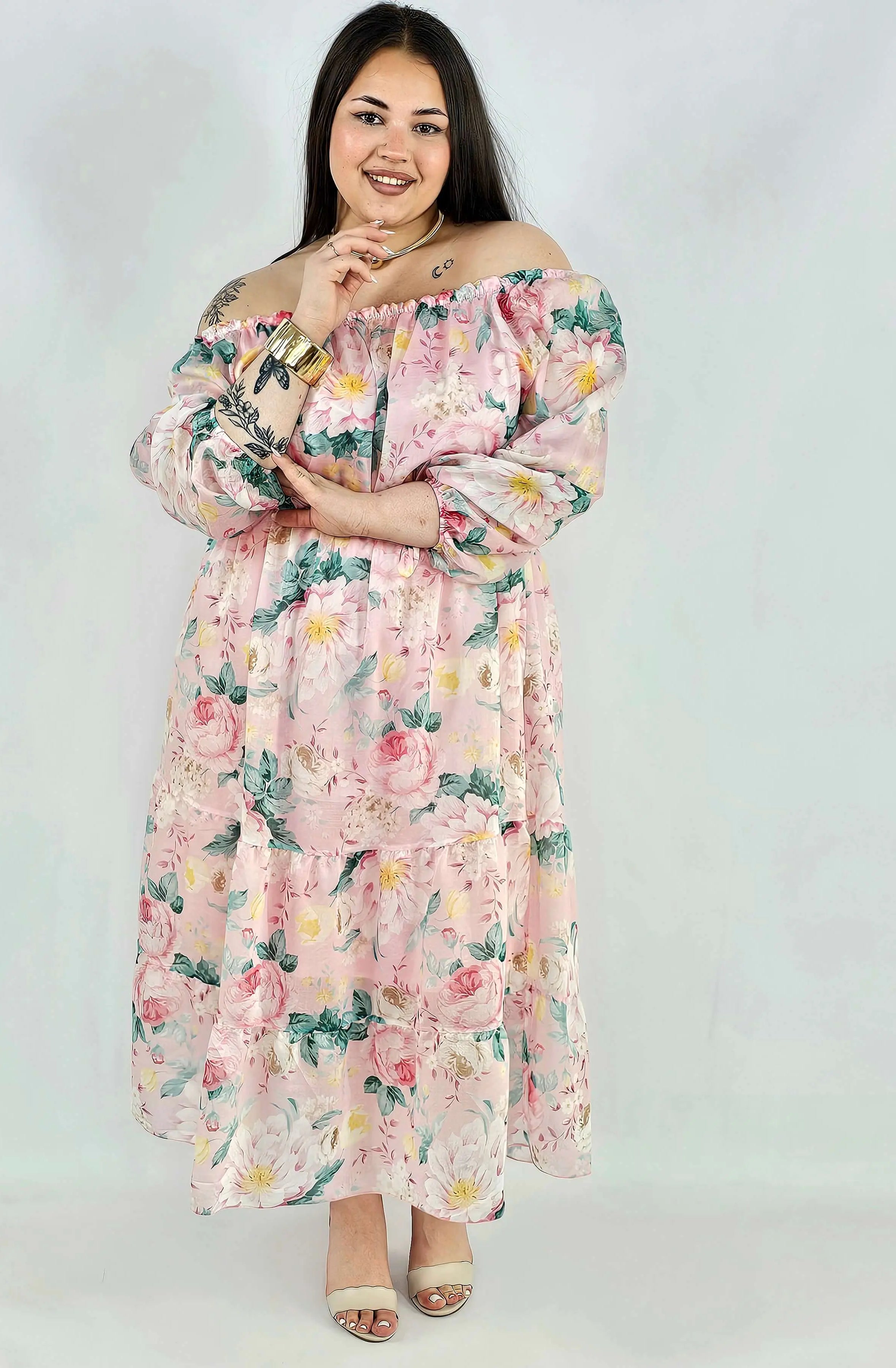 Sukienka plus size hiszpanka w kwiaty XXL – żółta i różowa na komunię i wesele Stylowa XL