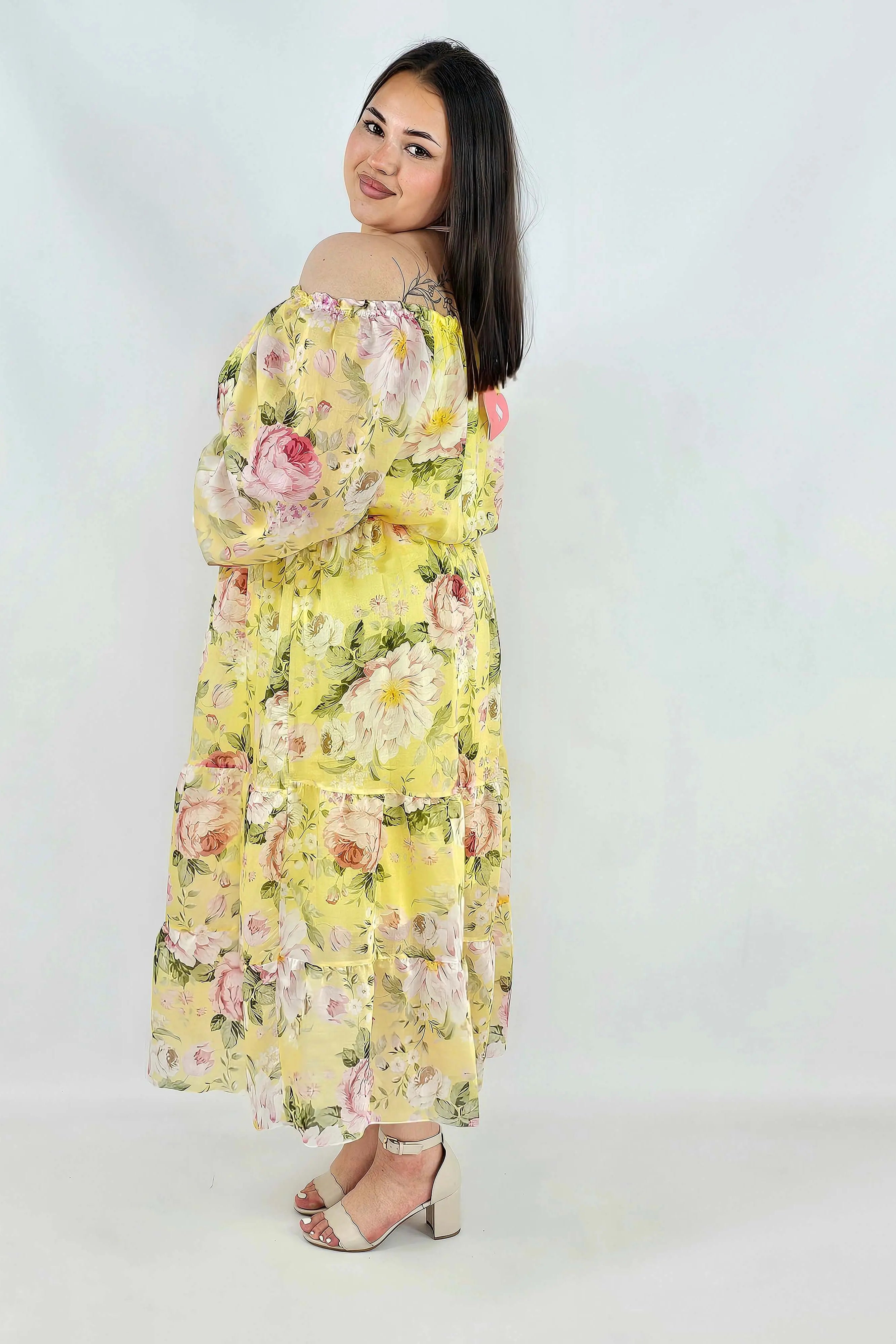 Sukienka plus size hiszpanka w kwiaty XXL – żółta i różowa na komunię i wesele Stylowa XL