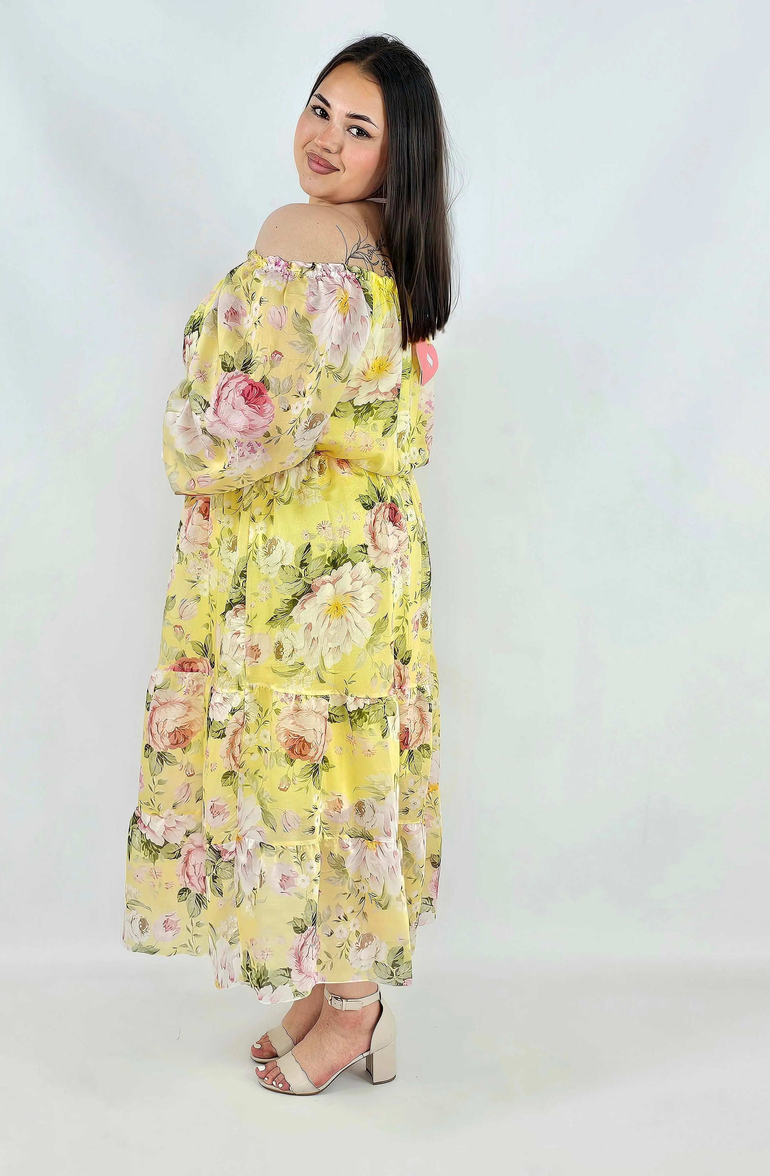 Sukienka plus size hiszpanka w kwiaty XXL – żółta i różowa na komunię i wesele Stylowa XL