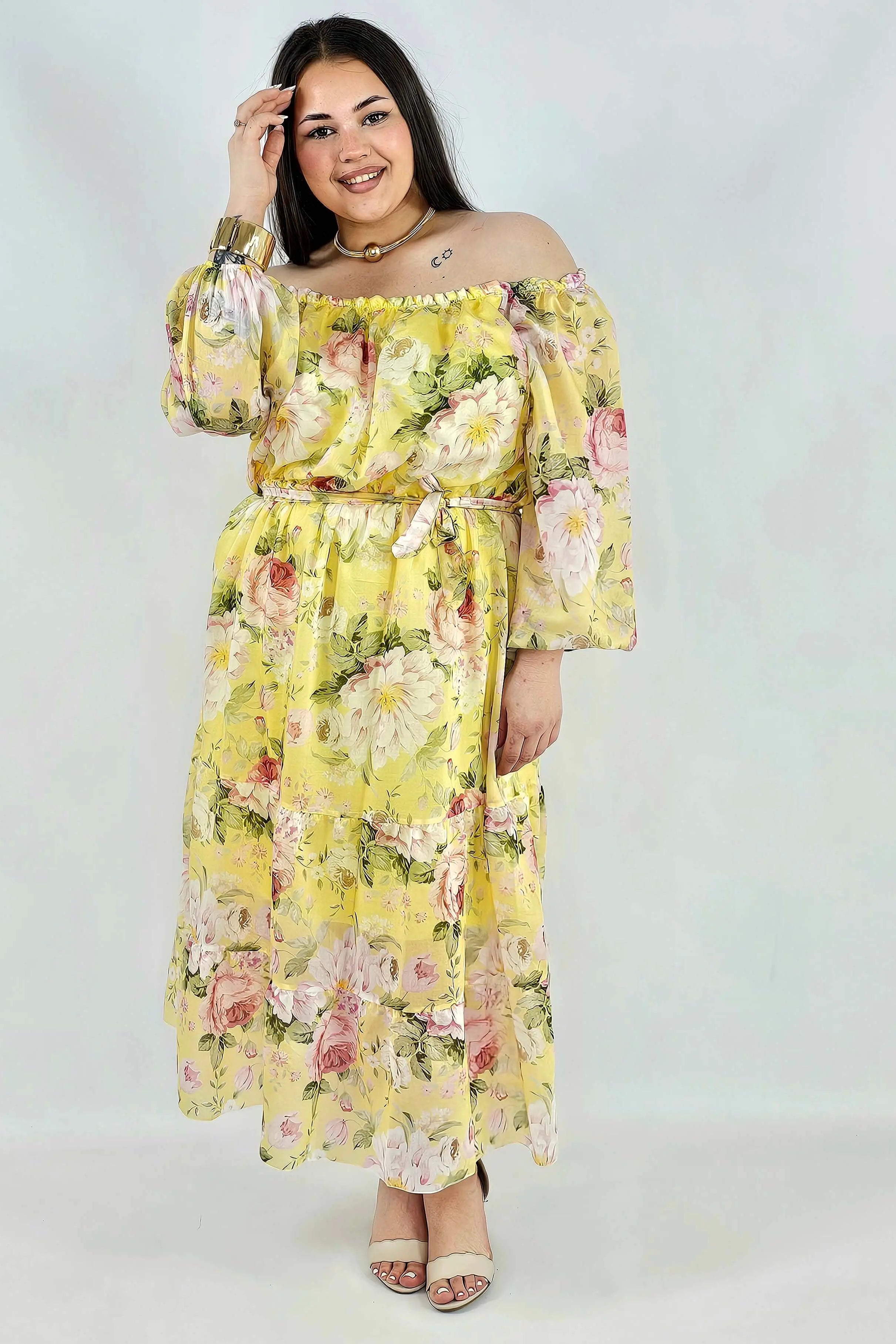 Sukienka plus size hiszpanka w kwiaty XXL – żółta i różowa na komunię i wesele Stylowa XL