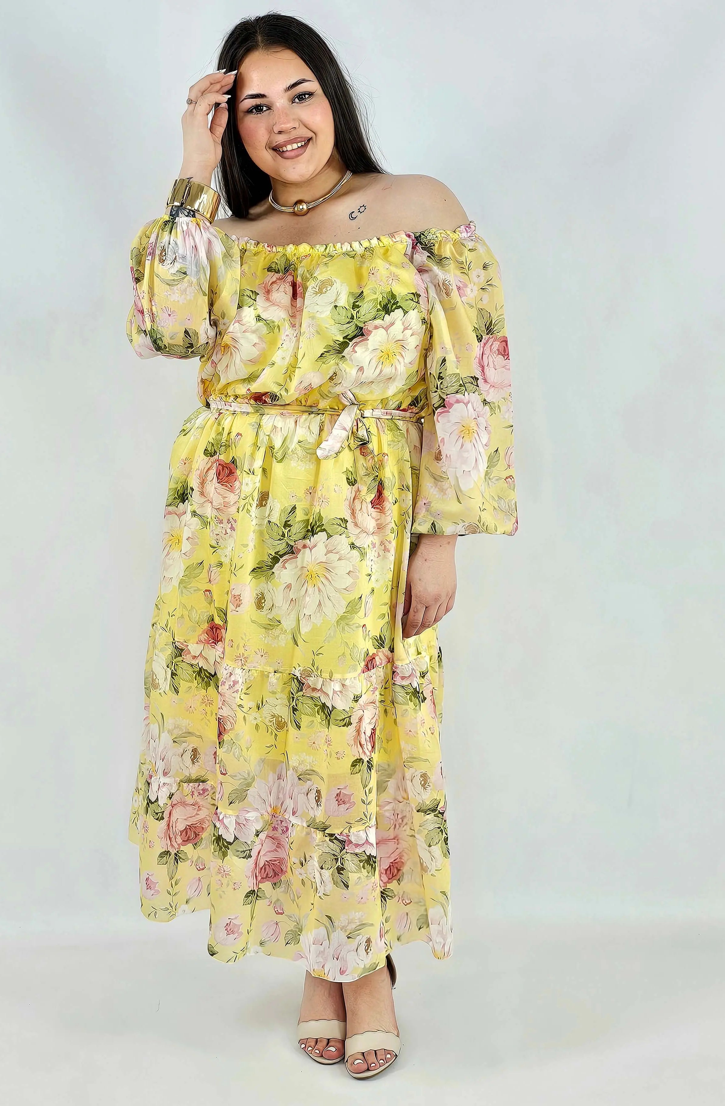 Sukienka plus size hiszpanka w kwiaty XXL – żółta i różowa na komunię i wesele Stylowa XL
