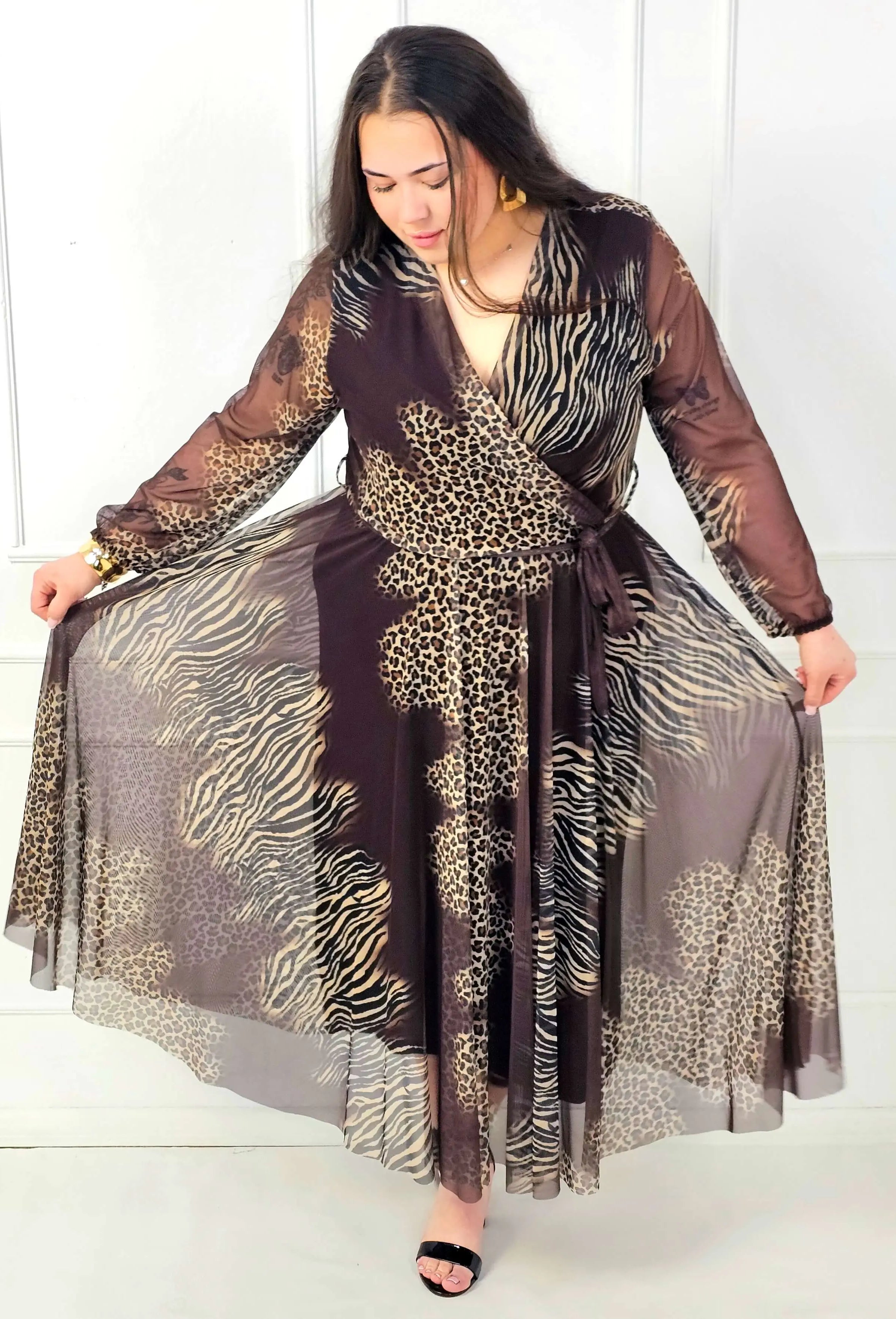 Sukienka plus size maxi kopertowa we wzór panterka i zebra Stylowa XL